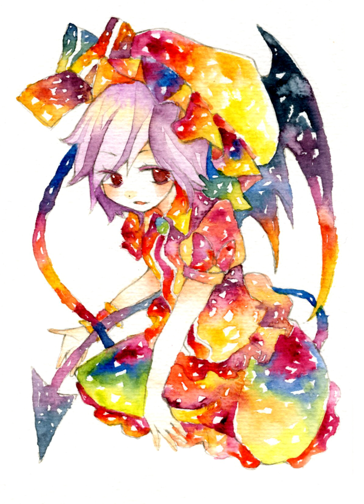 lego (artist), legomaru, remilia scarlet, touhou, bad id, bad pixiv id, highres, painting (medium), traditional media, watercolor (medium), 1girl, colorful, female focus, full body, hat, simple background, solo, white background