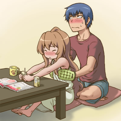 yuuya (yu-ya's), aisaka taiga, takasu ryuuji, toradora!, bad id, lowres, tagme, 00s, 1boy, 1girl, barefoot, blush, breasts, embarrassed, flat chest, flat chest grab, grabbing another's breast, groping, hetero, loli, milk, mittens, official style, oven mitts, pot holders, table