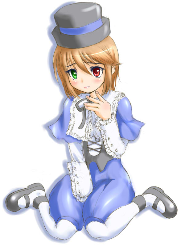 ginjyasei, souseiseki, rozen maiden, 00s, brown hair, frills, hat, heterochromia, pantyhose, short hair, solo, white pantyhose