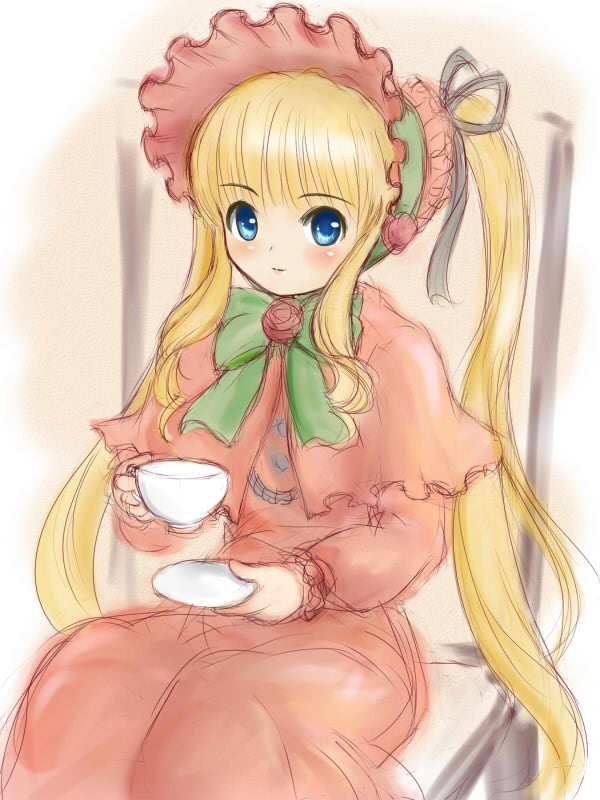 ginjyasei, shinku, rozen maiden, 00s, blonde hair, bonnet, bow, cup, dress, drill hair, long hair, solo, twintails, very long hair