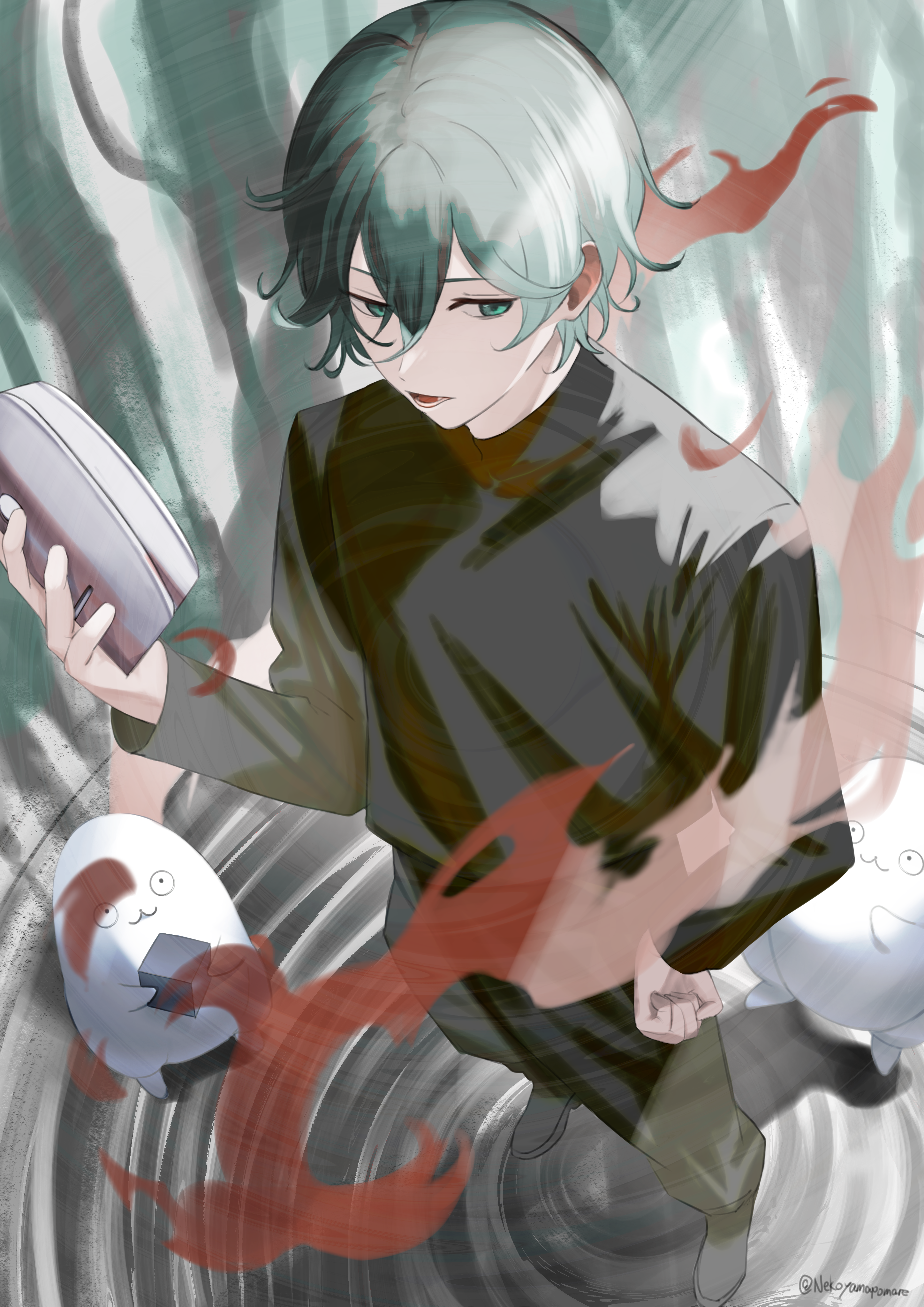 hareruya (smomo2227), kurukuru (dramaturgy), dramaturgy (eve), absurdres, commentary, highres, 1boy, aqua hair, cube, from above, hair between eyes, holding, holding mask, mask, short hair, twitter username