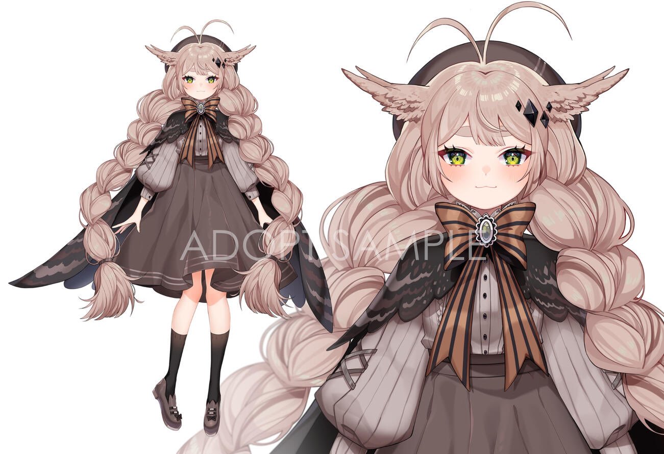 savi (byakushimc), original, commentary, english commentary, 1girl, :3, antenna hair, black socks, bow, braid, brooch, brown bow, brown hair, brown shirt, brown shoes, brown skirt, closed mouth, double-parted bangs, green eyes, hair ornament, head wings, jewelry, long hair, long sleeves, looking at viewer, multiple views, sample watermark, shirt, shoes, simple background, skirt, socks, striped bow, thick eyebrows, very long hair, watermark, white background, wings
