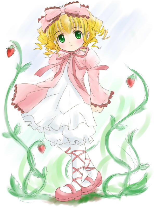 ginjyasei, hinaichigo, rozen maiden, pink footwear, 00s, 1girl, blonde hair, bloomers, bow, curly hair, dress, food, footwear ribbon, fruit, green eyes, hair bow, mary janes, name connection, object namesake, pantyhose, pink bow, ribbon, shoes, short hair, strawberry, underwear, white bloomers, white pantyhose