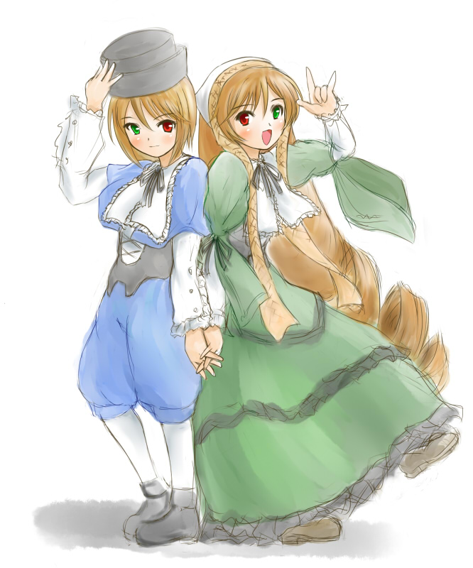 ginjyasei, souseiseki, suiseiseki, rozen maiden, 00s, 2girls, brown hair, dress, drill hair, hat, headscarf, heterochromia, holding hands, long hair, m/, multiple girls, pantyhose, short hair, siblings, sisters, smile, twins, very long hair, white headscarf, white pantyhose
