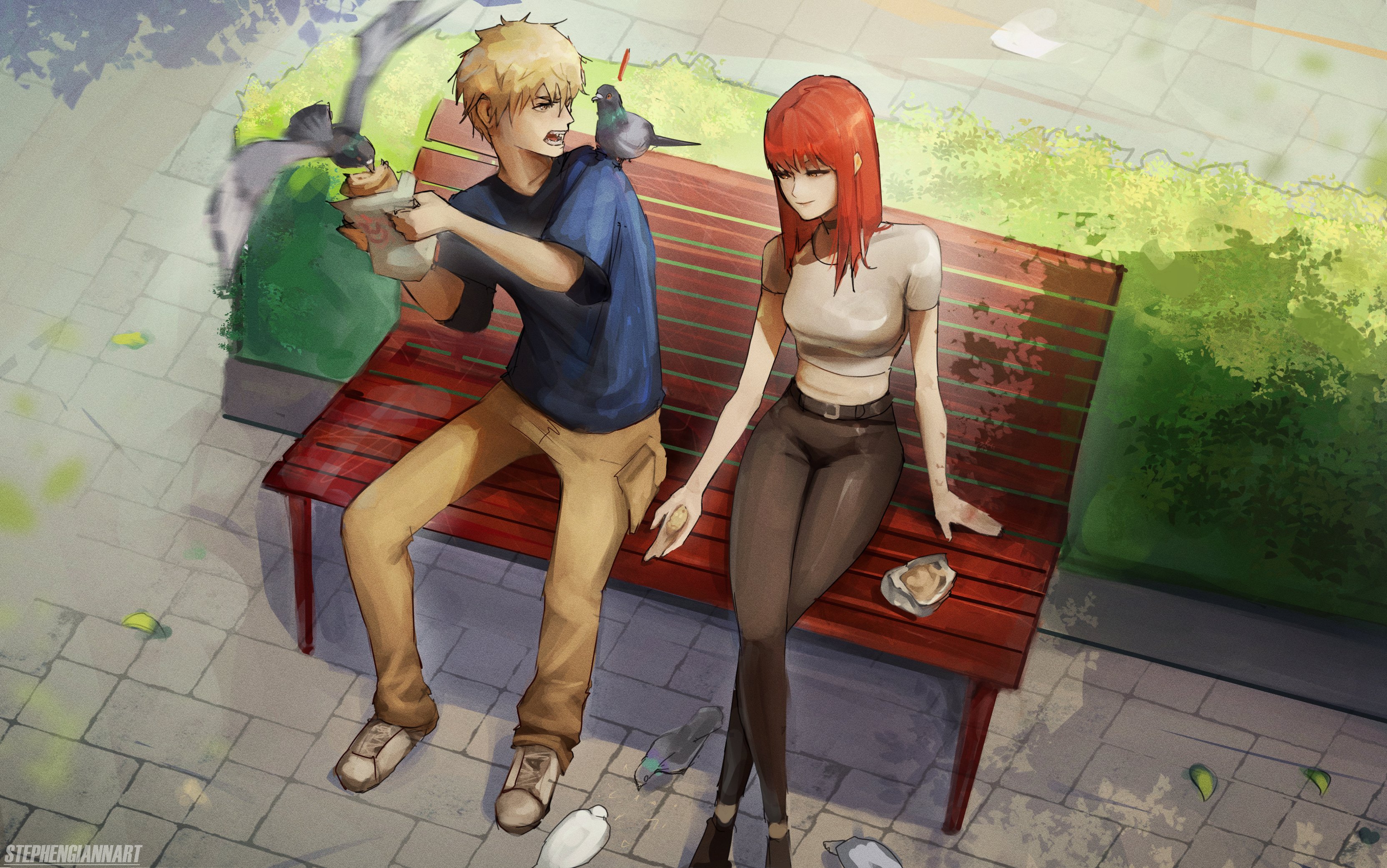 stephengiannart, denji (chainsaw man), makima (chainsaw man), chainsaw man, absurdres, highres, 1boy, 1girl, animal, bench, bird, black pants, blonde hair, blue shirt, bread, breasts, closed mouth, crumbs, day, feeding, feeding animal, food, holding, holding food, khaki pants, large breasts, long hair, medium breasts, medium hair, midriff, open mouth, outdoors, pants, park, park bench, pigeon, red hair, ringed eyes, sharp teeth, shirt, short hair, sidelocks, sitting, smile, t-shirt, teeth, tree, white shirt, yellow eyes