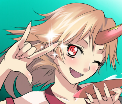 uruu gekka, hoshiguma yuugi, touhou, bad id, bad pixiv id, lowres, 1girl, m/, alcohol, cup, fang, female focus, fingernails, horns, one eye closed, parody, red eyes, sakazuki, sake, seikan hikou, single horn, solo, wink