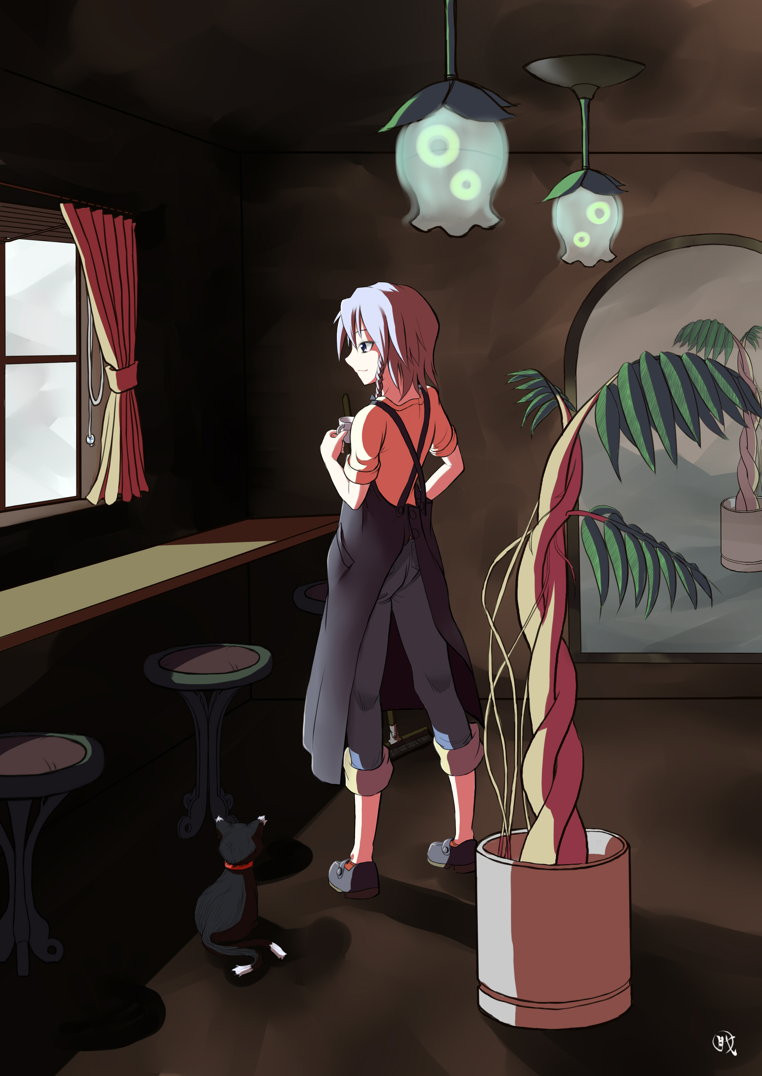 uruu gekka, chen, izayoi sakuya, touhou, silver hair, absurdres, bad id, bad pixiv id, highres, 1girl, apron, blue eyes, braid, cat, female focus, indoors, multiple tails, nekomata, plant, solo, tail, tea, twin braids, two tails, window