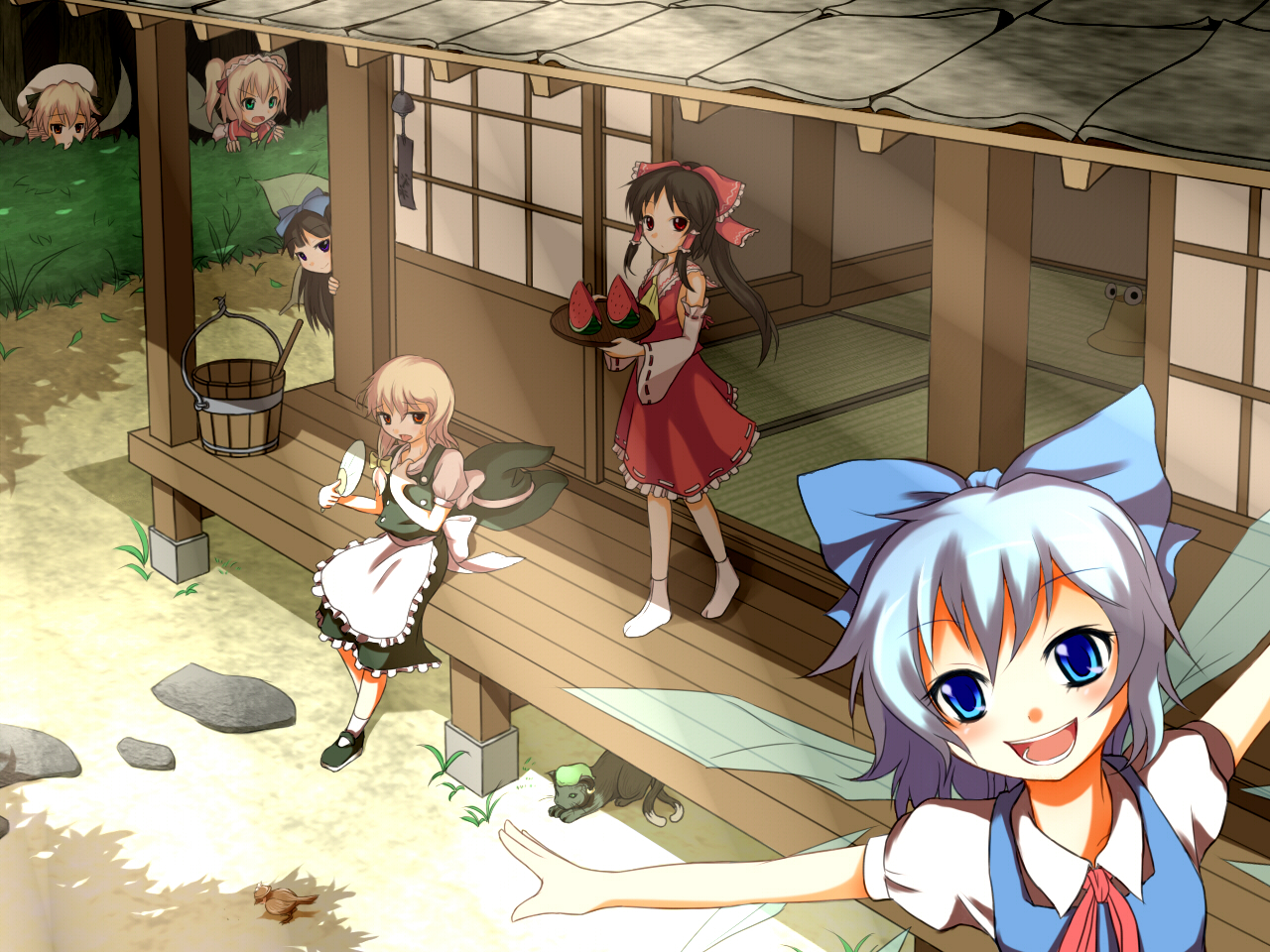 uruu gekka, chen, chen (cat), cirno, hakurei reimu, kirisame marisa, luna child, moriya suwako, mystia lorelei, mystia lorelei (bird), pyonta, star sapphire, sunny milk, perfect memento in strict sense, touhou, bad id, bad pixiv id, 6+girls, :d, apron, blonde hair, blue eyes, blue hair, bow, brown hair, bucket, clothes pull, collar tug, detached sleeves, female focus, food, fruit, green eyes, hair bow, hand fan, hat, hot, large bow, light rays, long hair, multiple girls, multiple tails, no shoes, open mouth, orange eyes, outstretched arms, paper fan, peeking, peeking out, porch, red eyes, shade, shirt pull, short hair, sitting, smile, smirk, spread arms, staring, summer, sunbeam, sunlight, tabi, tail, tatami, two tails, uchiwa, unworn hat, unworn headwear, veranda, watermelon, wings, witch, witch hat