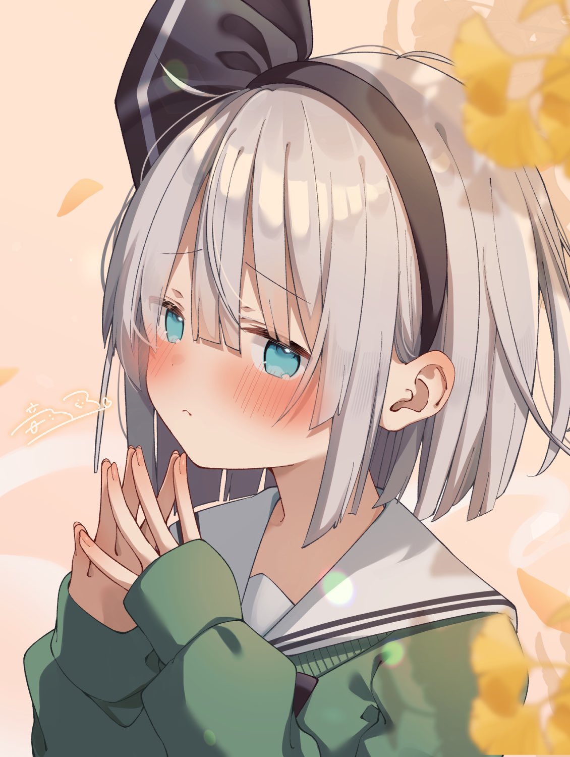 otowa (otoha4634), konpaku youmu, touhou, commentary request, highres, 1girl, blue eyes, blush, embarrassed, frown, green serafuku, grey hair, hairband, long sleeves, looking at viewer, medium hair, own hands together, school swimsuit, school uniform, serafuku, signature, solo, swimsuit, upper body, yellow petals