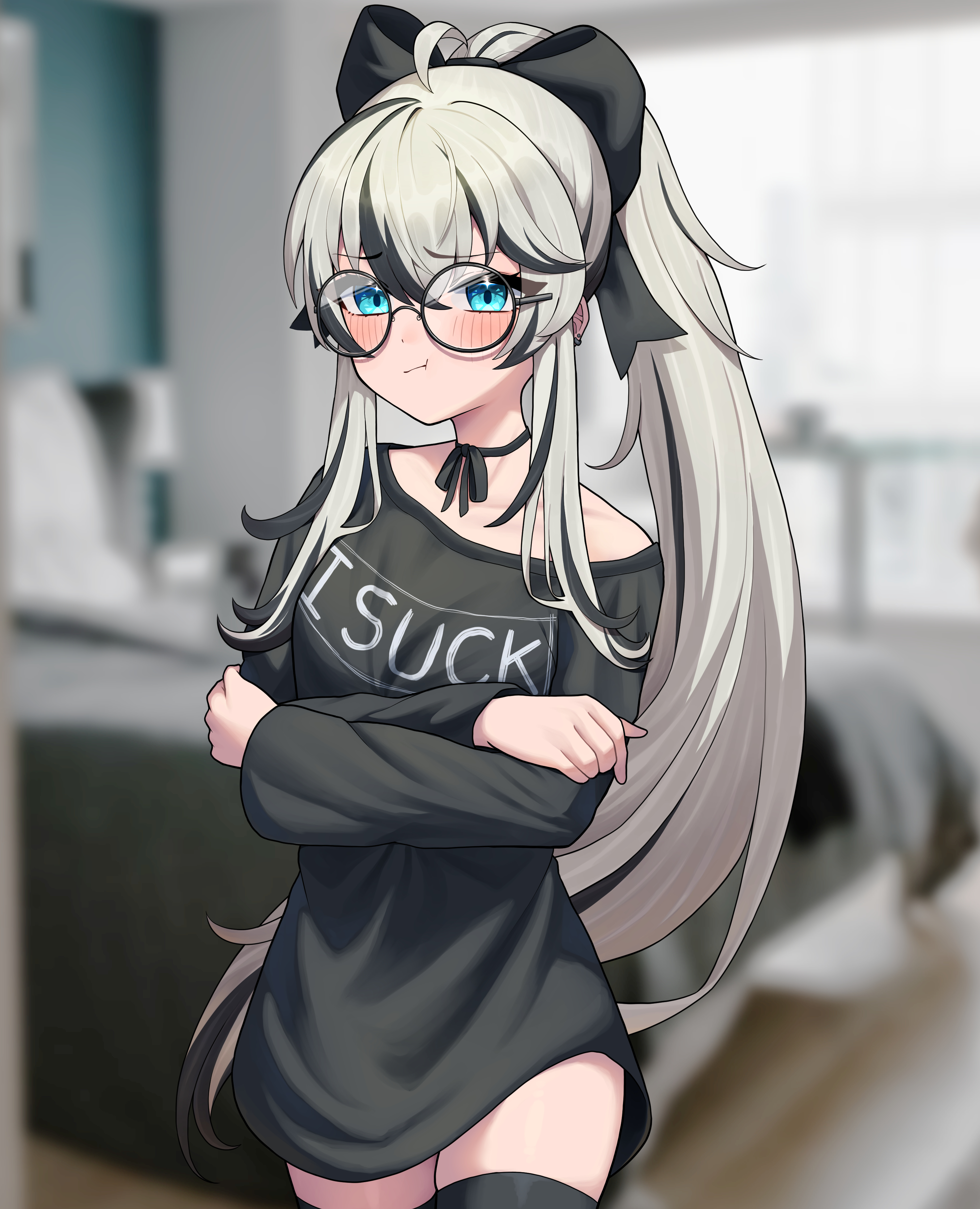 amagasa, indie virtual youtuber, absurdres, highres, second-party source, 1girl, ahoge, black bow, black hair, black nightgown, black ribbon, black thighhighs, blonde hair, blue eyes, bow, choker, closed mouth, crossed arms, glasses, hair between eyes, hair bow, long hair, long sleeves, looking at viewer, mello mutinus (vtuber), multicolored hair, nightgown, nightshirt, off-shoulder shirt, off shoulder, photo background, pout, ribbon, ribbon choker, shirt, solo, thighhighs, thighs