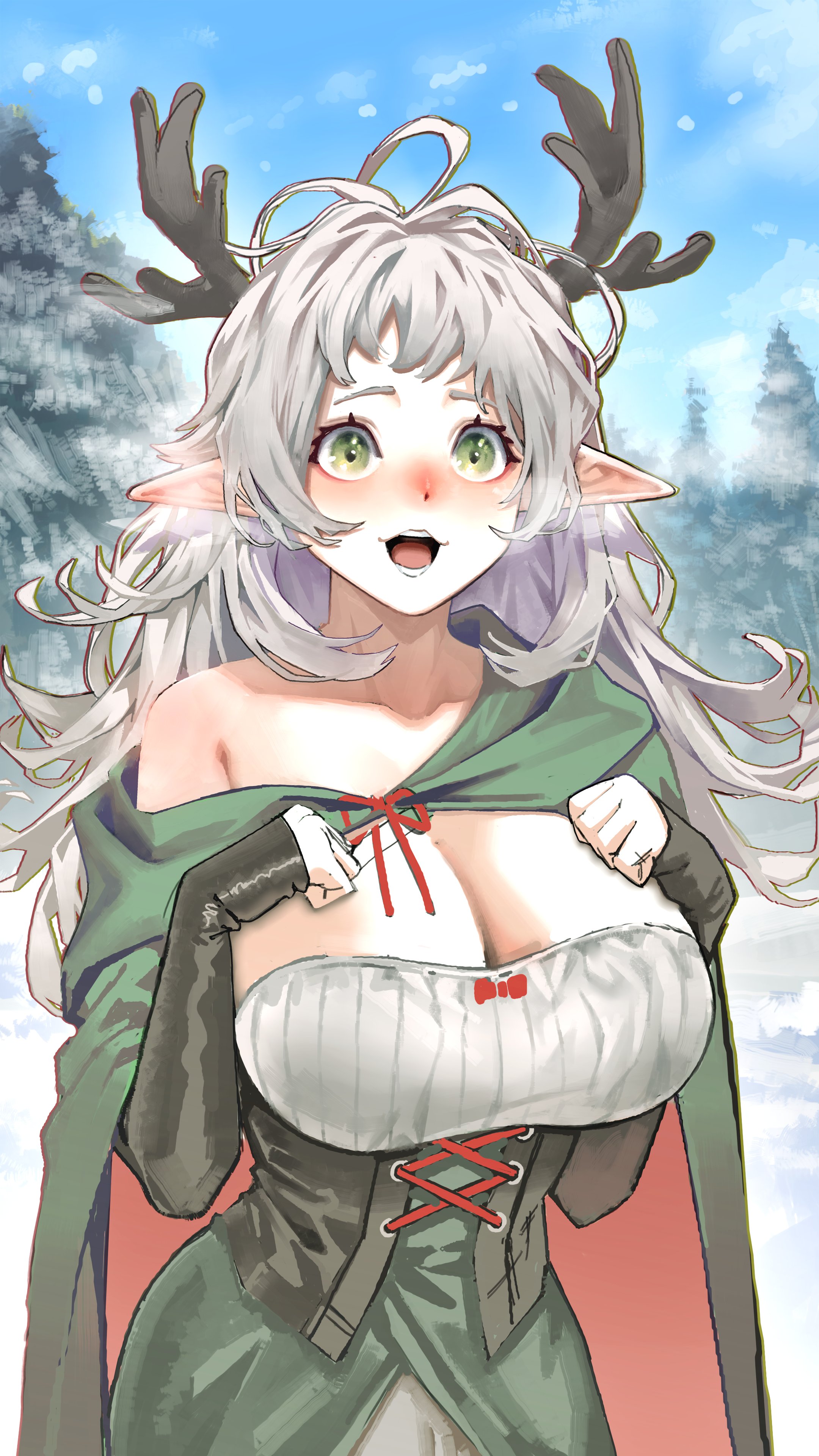kkachi (limkkachi), original, absurdres, commentary request, highres, korean commentary, 1girl, antlers, blue sky, blush, breasts, breath, cleavage, cloak, collarbone, cowboy shot, detached sleeves, dress, green cloak, green dress, green eyes, green sleeves, grey hair, hands on own chest, hands up, horns, huge breasts, long hair, nose blush, open mouth, outdoors, pointy ears, sidelocks, sky, smile, solo, standing, strapless, strapless dress, winter
