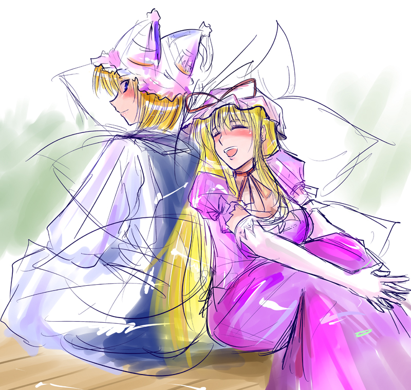 kishimasa, yakumo ran, yakumo yukari, touhou, 2girls, :d, animal hat, back-to-back, blonde hair, blush, closed eyes, dress, drunk, elbow gloves, female focus, gloves, hat, long sleeves, mob cap, multiple girls, open mouth, purple dress, short hair, short sleeves, sitting, smile, tabard, tassel, white gloves