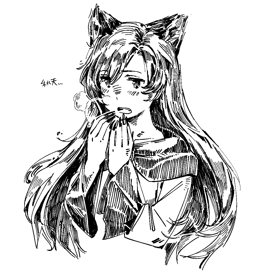nme 0039, imaizumi kagerou, touhou, 1girl, animal ears, chinese text, hair over shoulder, long hair, monochrome, open mouth, sketch, solo, upper body, wolf ears