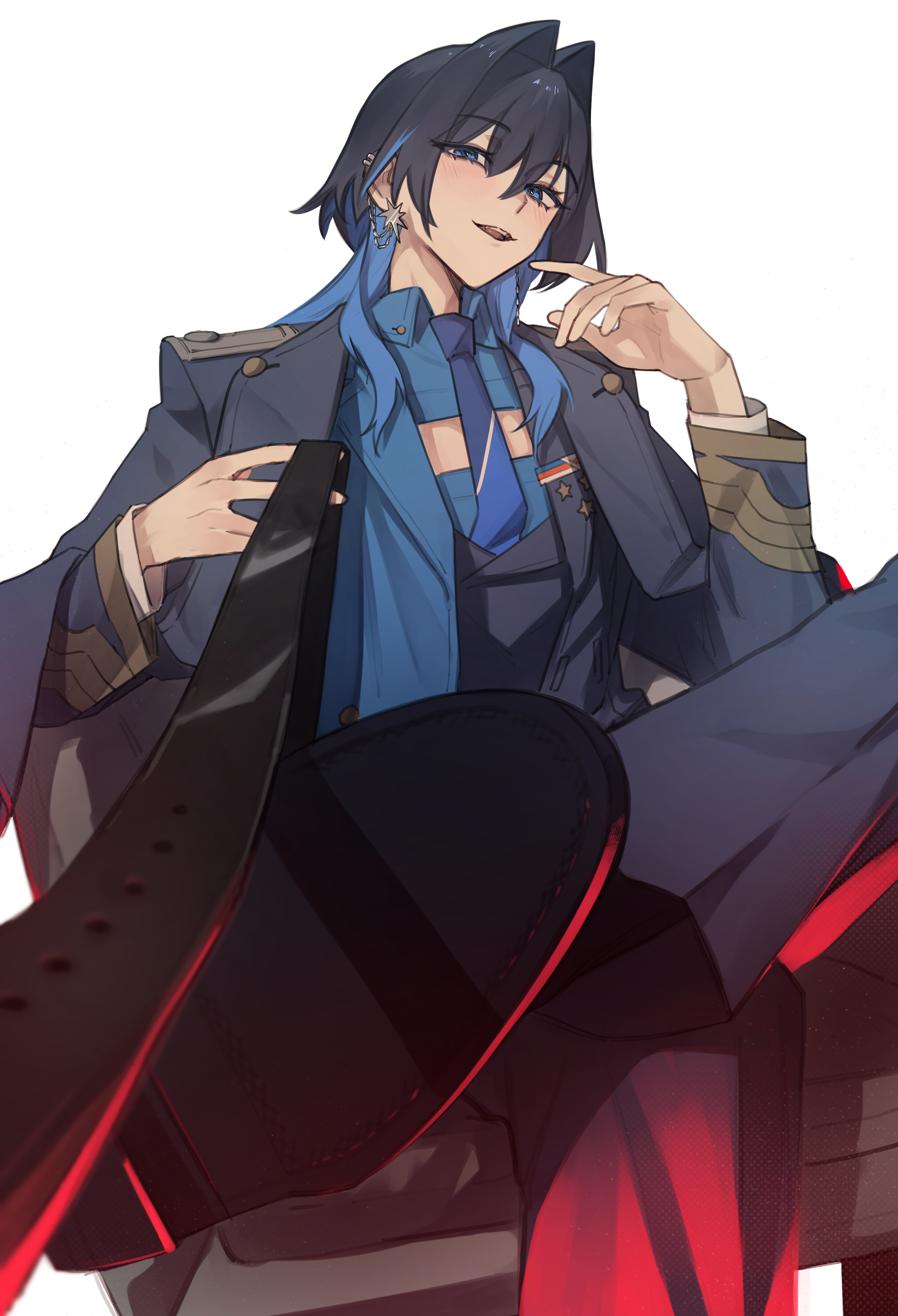 hunk 404, ouro kronii, ouro kronii (4th costume), hololive, hololive english, absurdres, highres, 1girl, black hair, black shoes, blue coat, blue eyes, blue hair, blue jacket, blue necktie, blue shirt, cleavage cutout, clothing cutout, coat, coat on shoulders, collared shirt, colored inner hair, crossed legs, ear chain, earrings, hair intakes, holding, holding leash, jacket, jewelry, leash, linked piercing, long hair, looking at viewer, military jacket, military uniform, multicolored hair, multicolored jacket, necktie, official alternate costume, open mouth, piercing, pov, shirt, shoes, simple background, sitting, solo, teeth, two-tone hair, two-tone jacket, upper teeth only, viewer on leash, virtual youtuber, white background, wolf cut
