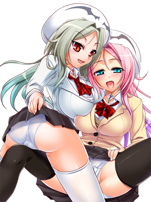 kouki kuu, heroine (dra+koi), dra+koi, nitroplus, 2girls, ass, blue eyes, breasts, fang, frottage, green eyes, large breasts, long hair, multiple girls, panties, pink hair, red eyes, slit pupils, spread legs, thighhighs, underwear, white panties, yuri