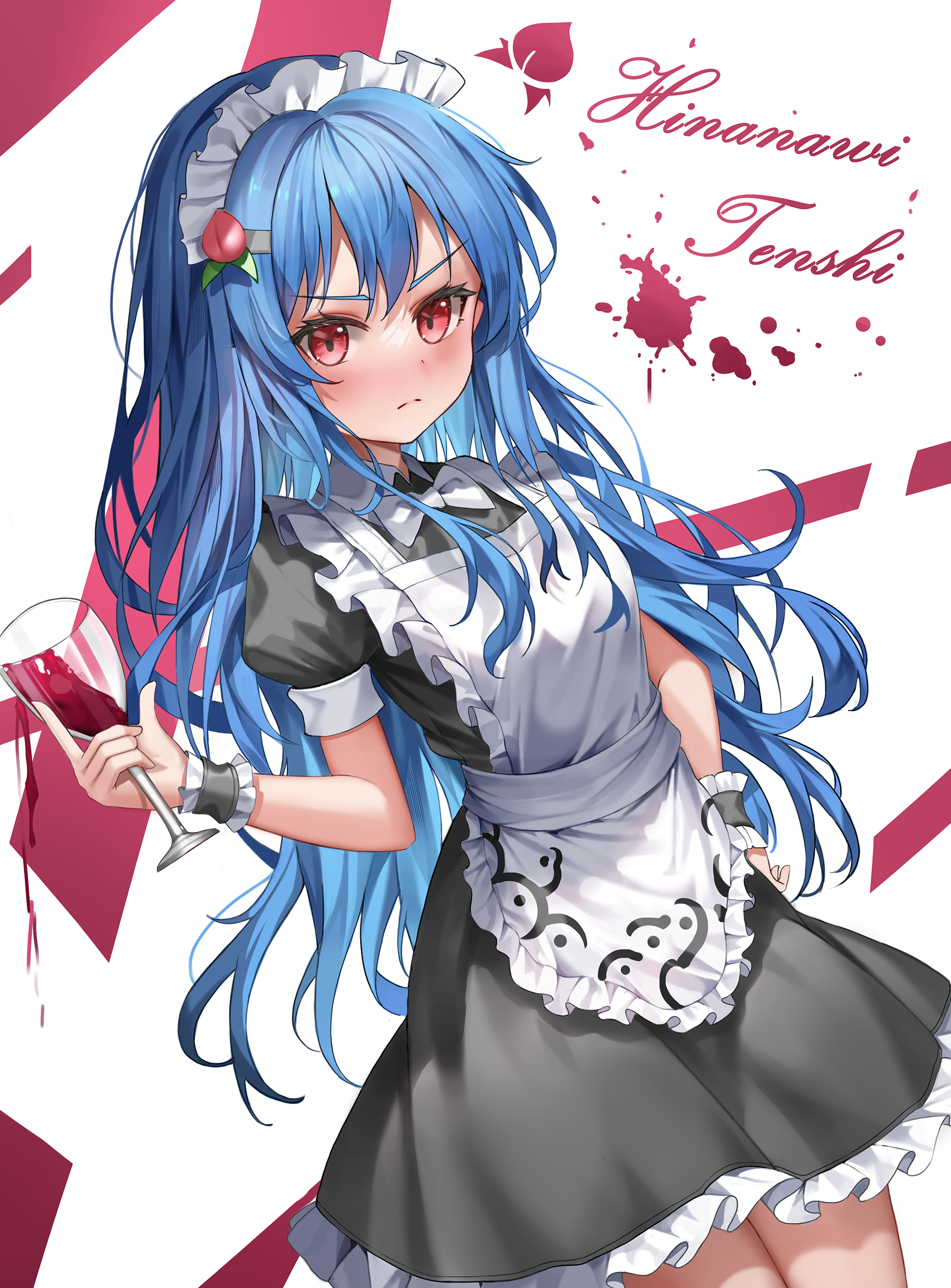 dobostorte, hinanawi tenshi, touhou, absurdres, commentary, highres, 1girl, alternate costume, apron, black dress, blue hair, blush, character name, closed mouth, cup, dress, drinking glass, enmaided, food-themed hair ornament, hair ornament, holding, holding cup, long hair, looking at viewer, maid, maid headdress, peach hair ornament, puffy short sleeves, puffy sleeves, red eyes, short sleeves, solo, v-shaped eyebrows, very long hair, white apron, white background, wine glass, wrist cuffs