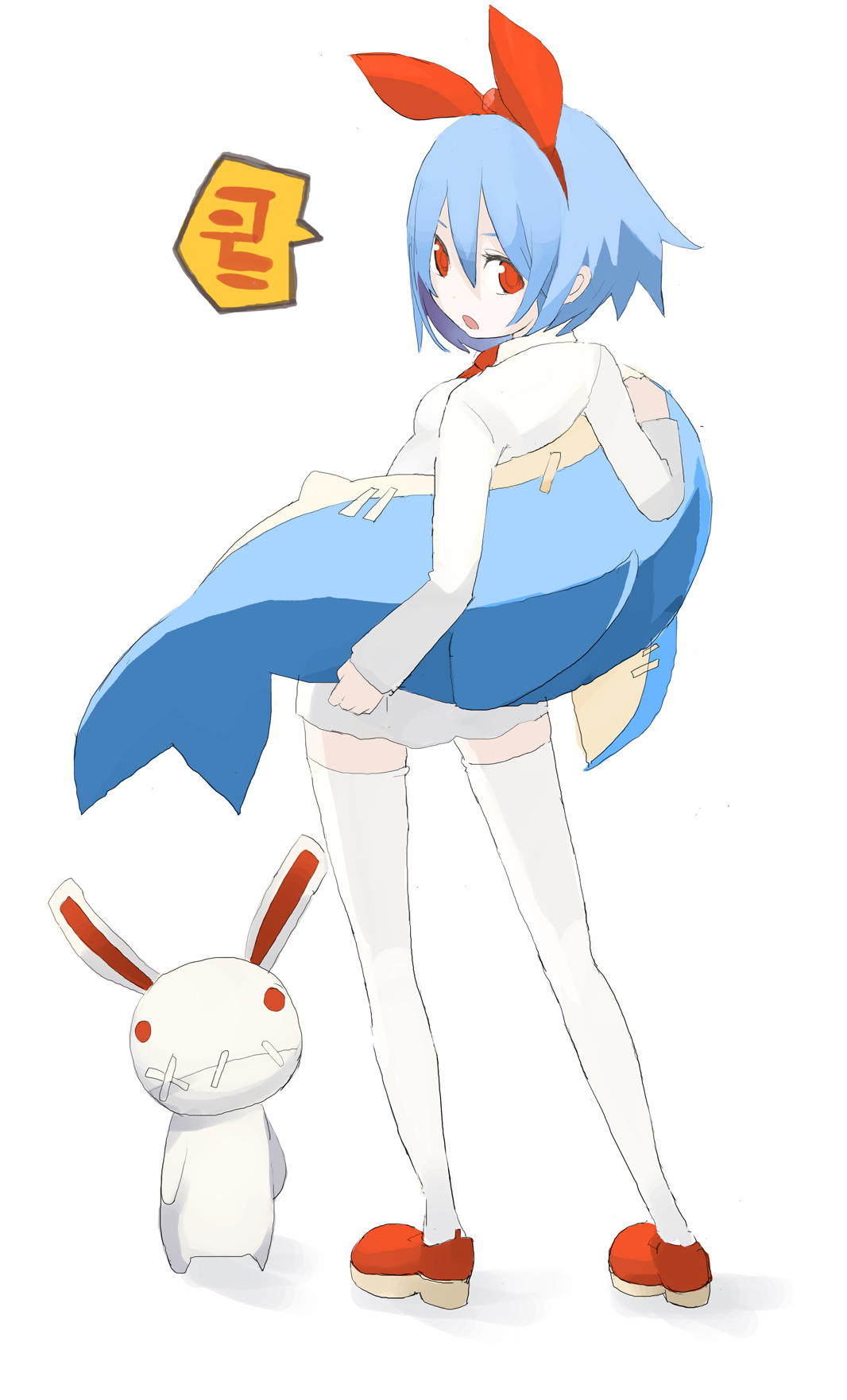 tansuke, pleinair, same-san, usagi-san, disgaea, nippon ichi, highres, blue hair, hair ribbon, looking back, rabbit, red eyes, ribbon, short hair, solo, stuffed animal, stuffed toy, thighhighs