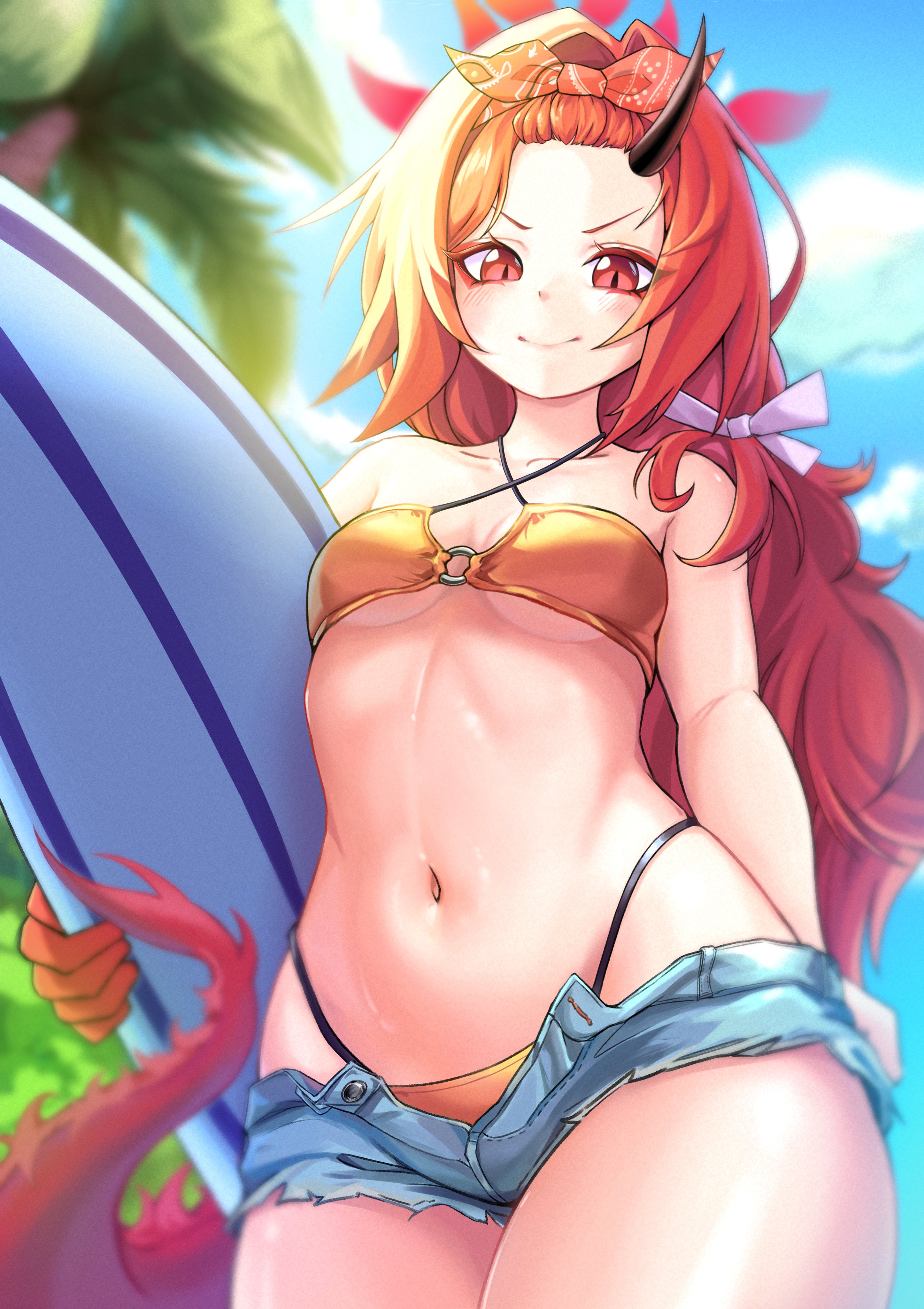 rutax xark, renge (blue archive), renge (swimsuit) (blue archive), blue archive, 1girl, arm behind back, beach, bikini, bow, breasts, cleavage, cutoffs, denim, denim shorts, dragon girl, dragon tail, hair bow, hair intakes, hair ribbon, halo, highleg, highleg bikini, holding, holding surfboard, horns, lips, long hair, navel, o-ring, o-ring bikini, outdoors, palm tree, pink bow, red eyes, red hair, red ribbon, ribbon, short shorts, shorts, single horn, sky, slit pupils, small breasts, smile, solo, standing, surfboard, swimsuit, tail, tree, wide hips, yellow bikini
