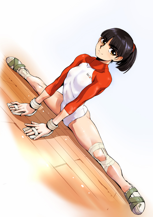 ez6, original, 1girl, bandages, black hair, brown eyes, dutch angle, female focus, flat chest, flexible, gymnastics, knee brace, legs, leotard, muscular, ponytail, red leotard, short ponytail, sitting split, smile, solo, split, toned, white leotard