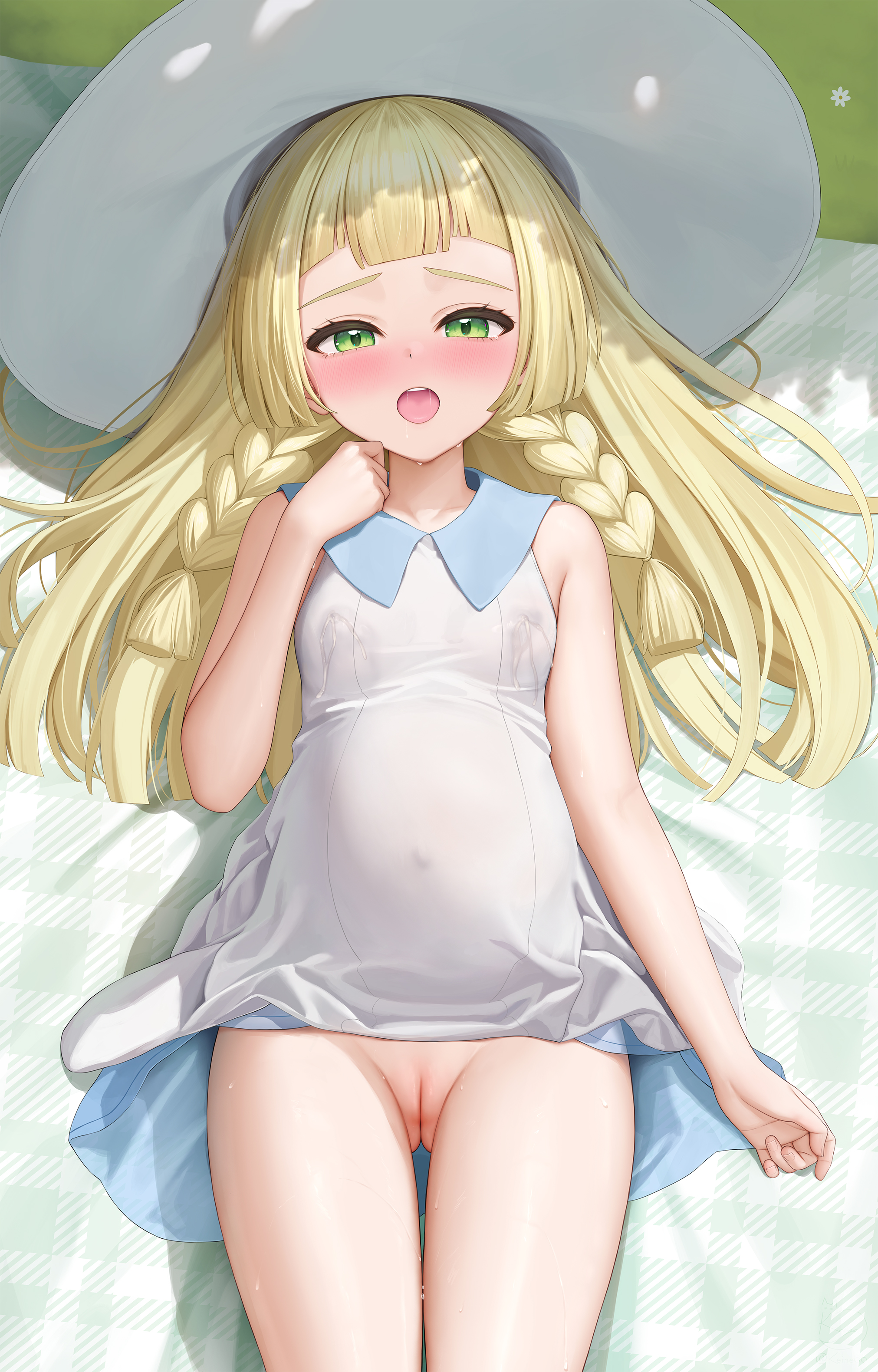 keine09, lillie (pokemon), nintendo, pokemon, pokemon sm, absurdres, highres, 1girl, :o, bare arms, blonde hair, blunt bangs, blush, braid, breasts, cleft of venus, covered navel, cowboy shot, dakimakura (medium), dress, green eyes, hat, lactation, lactation through clothes, long hair, looking at viewer, lying, on back, pussy, sleeveless, sleeveless dress, small breasts, solo, sun hat, tongue, tongue out, twin braids, white dress, white hat