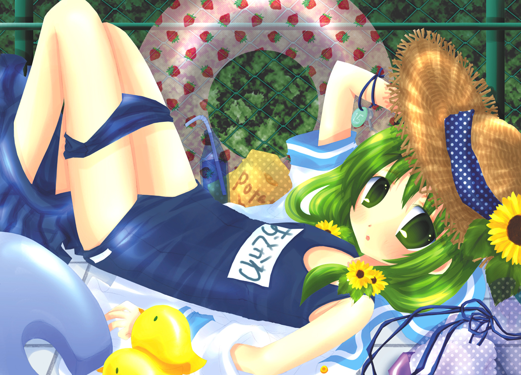 hakutou (au pied), original, bad id, bad pixiv id, 1girl, buruma, buruma pull, clothes pull, female focus, green eyes, green hair, hat, innertube, kickboard, long hair, matching hair/eyes, name tag, one-piece swimsuit, panties, panty pull, rubber duck, school swimsuit, school uniform, serafuku, solo, straw hat, swim ring, swimsuit, underwear, undressing