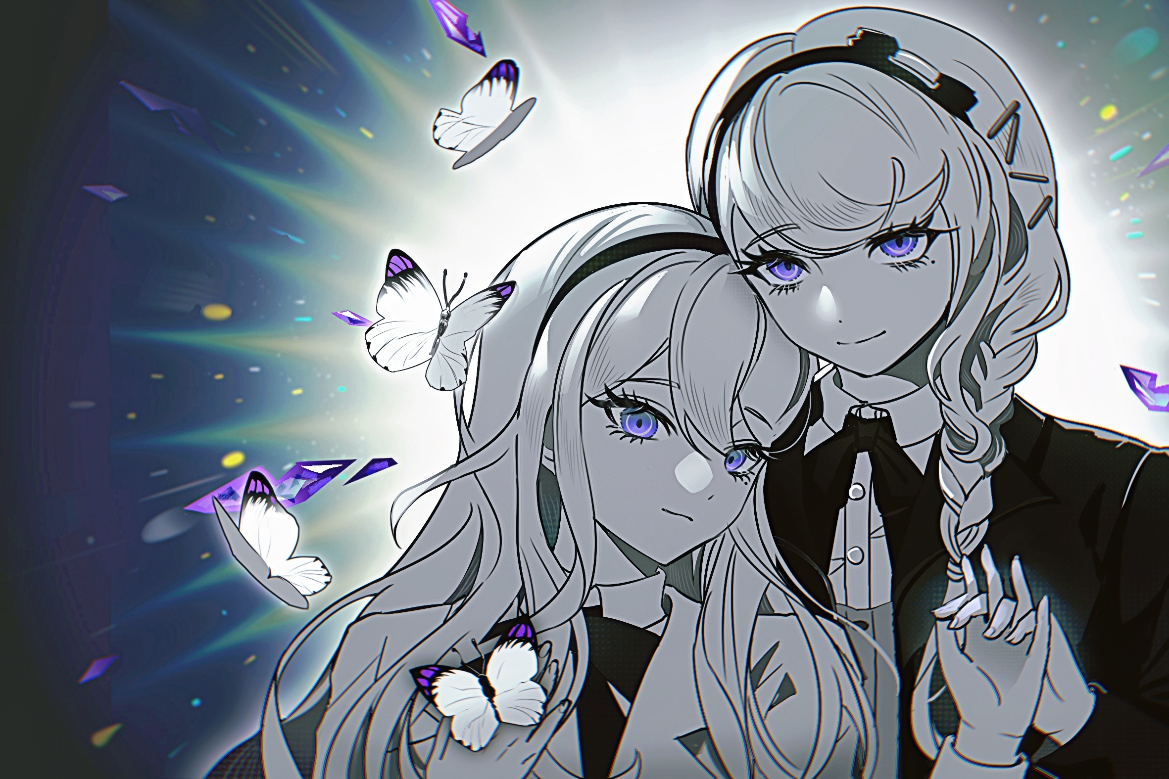 kashimiya karua, kirifuji nozomi, the hundred line -last defense academy-, chinese commentary, commentary request, highres, variant set, 2girls, backlighting, bug, butterfly, collared shirt, greyscale with colored background, hairband, holding hands, insect, interlocked fingers, jacket, long hair, looking at viewer, multiple girls, neck ribbon, open clothes, open jacket, purple eyes, ribbon, shirt, spot color, taoli35598