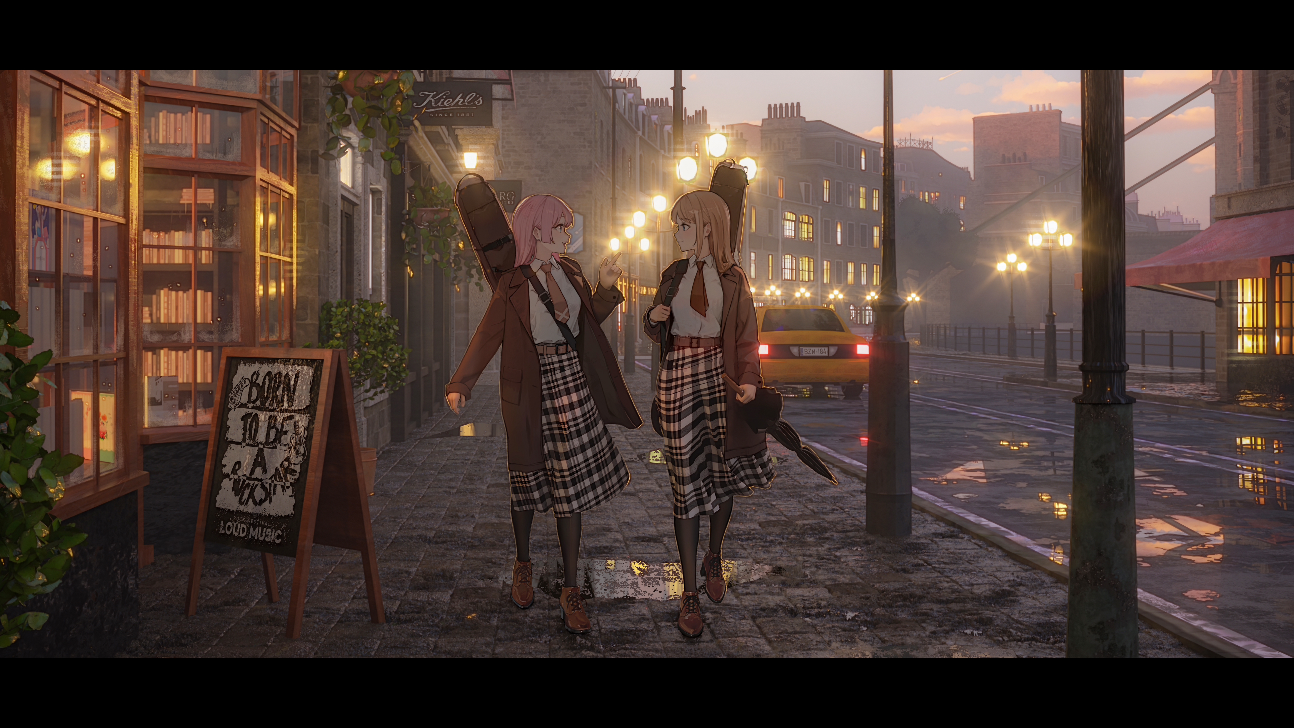 reisen13, bang dream!, bang dream! it's mygo!!!!!, absurdres, character request, commentary, english commentary, highres, 2girls, belt, belt buckle, brown belt, brown coat, brown hair, brown necktie, brown shoes, buckle, building, car, chalkboard sign, closed umbrella, coat, collared shirt, english text, evening, eye contact, guitar case, hand up, holding, holding umbrella, instrument case, lamppost, letterboxed, long hair, long skirt, long sleeves, looking at another, looking to the side, motor vehicle, multiple girls, necktie, open clothes, open coat, outdoors, pink hair, plaid clothes, plaid skirt, puddle, reflection, reflective water, road, scenery, shirt, shirt tucked in, shoes, sidewalk, skirt, slice of life, straight hair, street, talking, taxi, umbrella, urban, walking, white shirt, wing collar