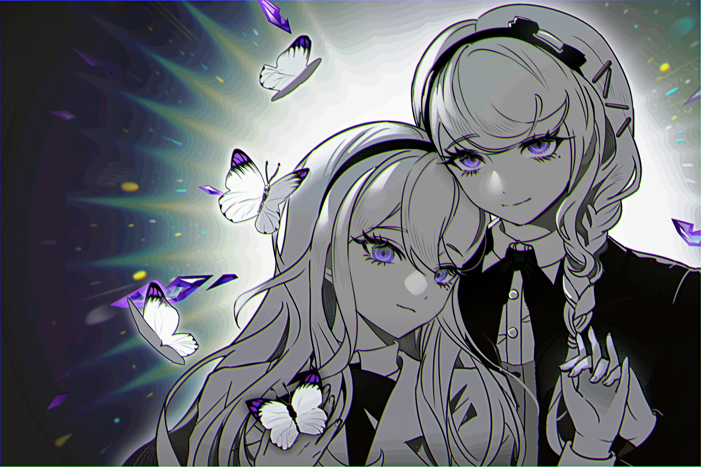 kashimiya karua, kirifuji nozomi, the hundred line -last defense academy-, chinese commentary, commentary request, highres, variant set, 2girls, backlighting, bug, butterfly, chromatic aberration, collared shirt, greyscale with colored background, hairband, holding hands, insect, interlocked fingers, jacket, long hair, looking at viewer, multiple girls, neck ribbon, open clothes, open jacket, purple eyes, ribbon, shirt, spot color, taoli35598