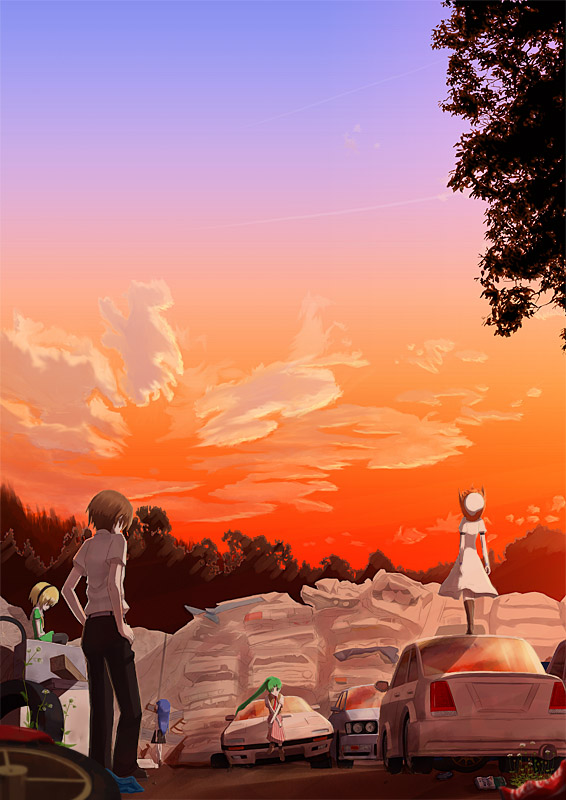 shimotsuki eight, furude rika, houjou satoko, maebara keiichi, ryuuguu rena, sonozaki mion, higurashi no naku koro ni, mazda, nissan, non-web source, 00s, 1boy, 4girls, blonde hair, car, cloud, flower, junkyard, landscape, mazda rx-7, motor vehicle, multiple girls, nissan gloria, pantyhose, plant, scenery, sky, sunset, trash, tree