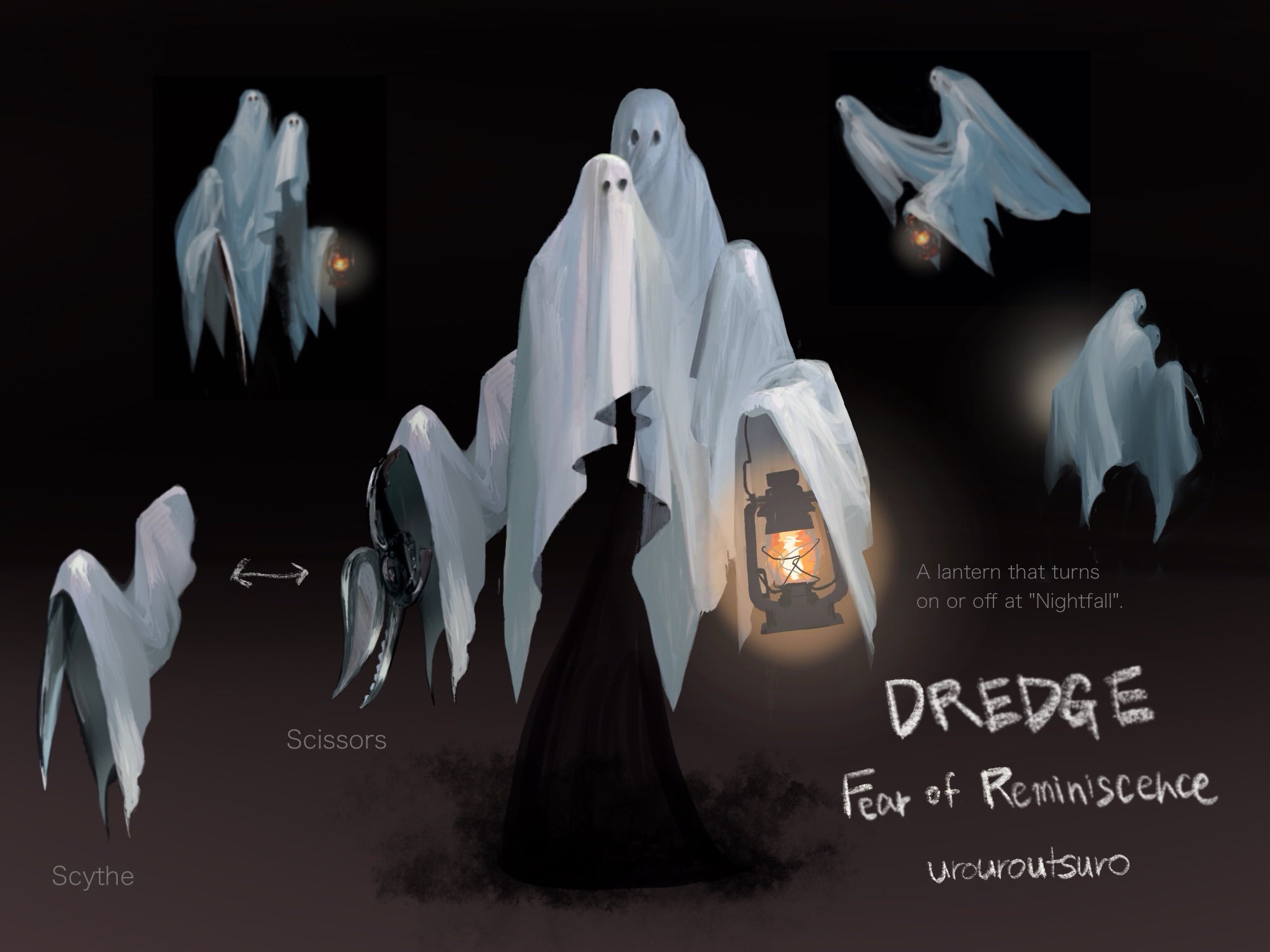 dead by daylight, highres, conjoined, crossover, dredge (video game), english text, faceless, floating, full body, genre connection, ghost, glowing, holding, holding lantern, holding scissors, holding scythe, lantern, painterly, reference sheet, running, scissors, scythe, urouroutsuro, weapon