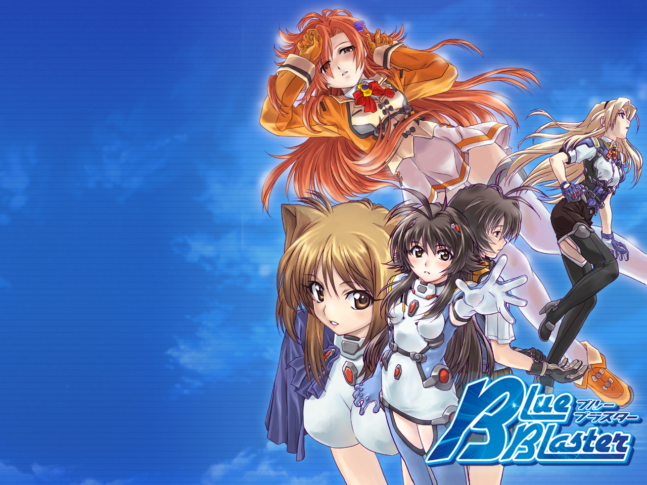uon taraku, ashley philosoford, elsass lothringen, maki ardito, mytyl fairthese, blue blaster, uniform, 4girls, antenna hair, back-to-back, black hair, black thighhighs, blonde hair, blue thighhighs, boots, brown eyes, brown hair, dual persona, gloves, hairband, high heels, long hair, multiple girls, orange hair, outstretched arm, outstretched hand, reaching, shoes, skirt, thigh boots, thighhighs, white thighhighs, zettai ryouiki