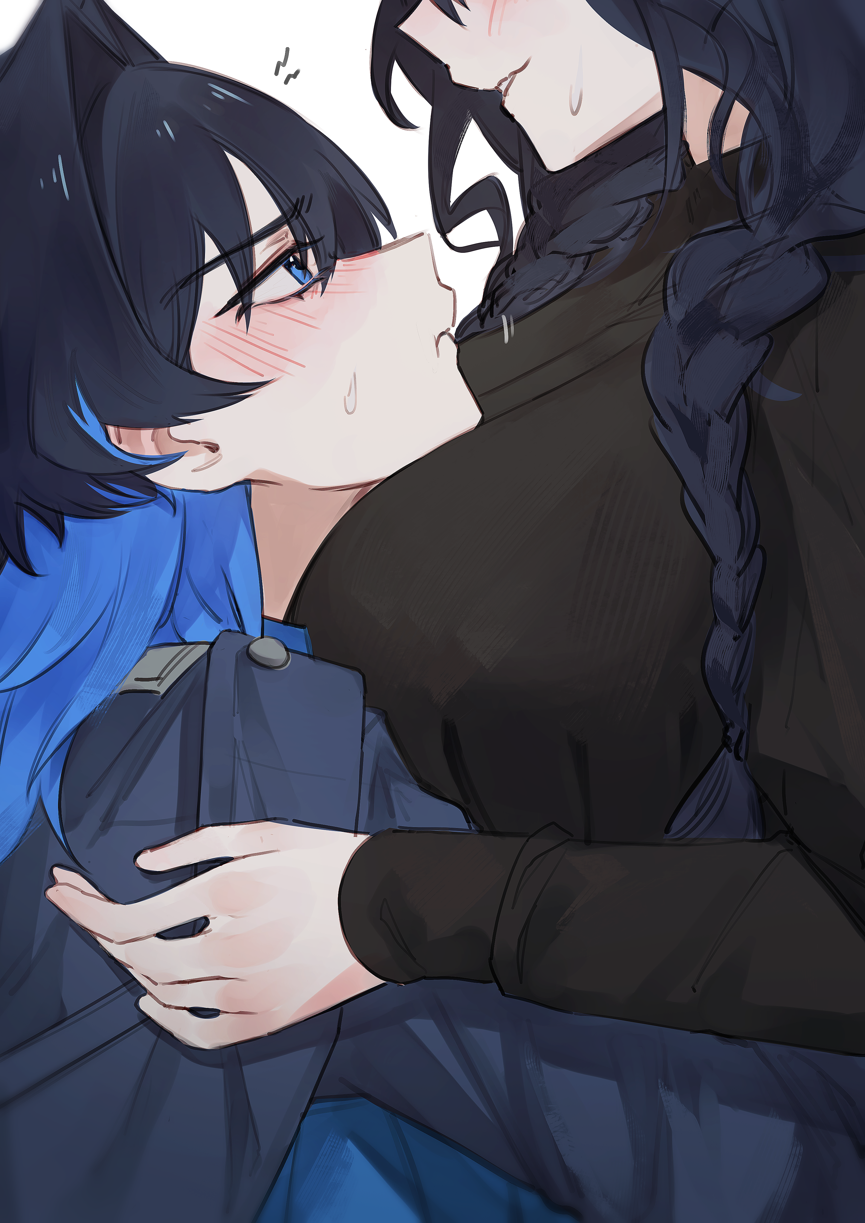 hunk 404, ouro kronii, ouro kronii (4th costume), ouro kronii (maid), hololive, hololive english, absurdres, commentary, english commentary, highres, 2girls, black dress, blue eyes, blue hair, blue jacket, blush, braid, breasts, closed mouth, dress, dual persona, from side, grin, hair intakes, hug, jacket, large breasts, long hair, long sleeves, looking at another, low twin braids, multiple girls, official alternate costume, official alternate hairstyle, pout, profile, selfcest, small sweatdrop, smile, twin braids, upper body, virtual youtuber, yuri
