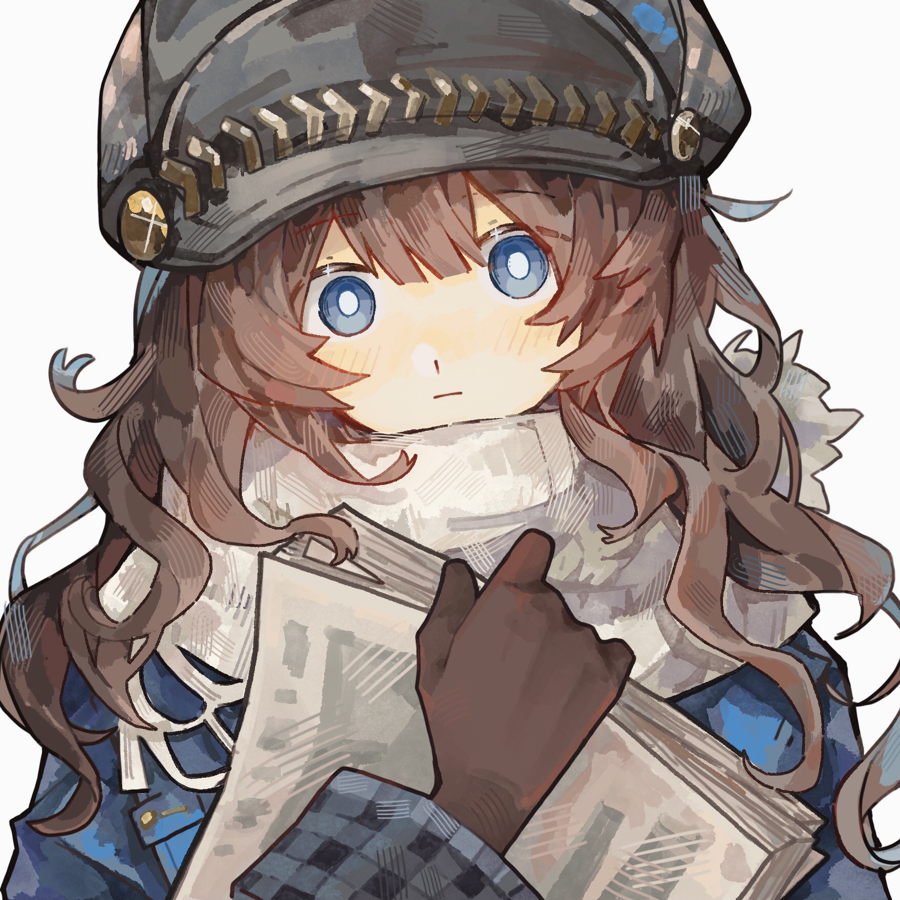 30000000000, marcus (reverse:1999), reverse:1999, highres, 1girl, blue coat, blue eyes, bright pupils, brown gloves, brown hair, coat, gloves, grey hat, hand up, hat, holding, holding paper, long hair, looking at viewer, newsboy cap, paper, portrait, scarf, solo, white pupils, white scarf