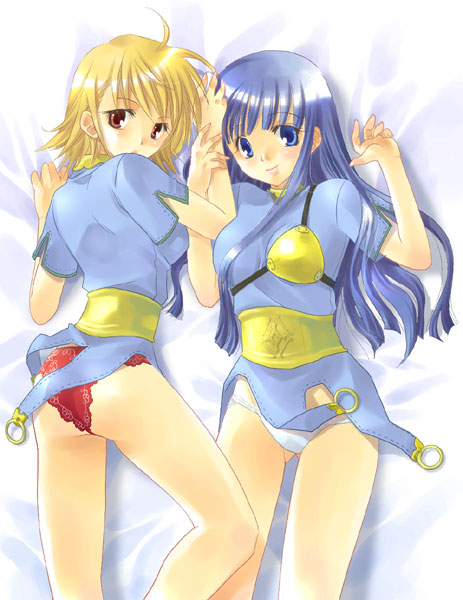 minase ruruu, archer (ragnarok online), ragnarok online, 2girls, armor, blonde hair, blue eyes, blue hair, breastplate, brown eyes, lying, multiple girls, panties, red panties, underwear, white panties