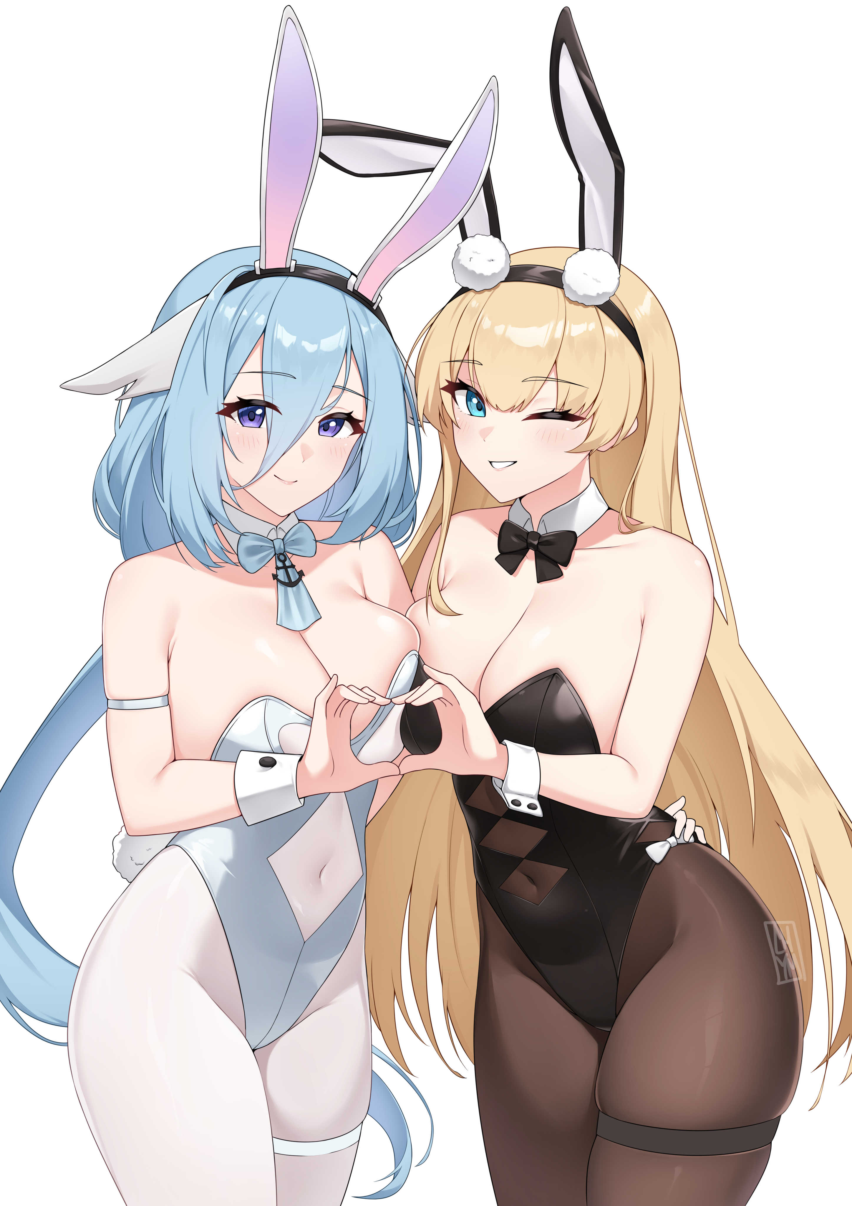 chym39, constellation (azur lane), constellation (galaxy's finest) (azur lane), north carolina (azur lane), north carolina (the heart's desire) (azur lane), azur lane, absurdres, commentary, commission, english commentary, highres, animal ear hairband, animal ears, black bow, black bowtie, black leotard, black pantyhose, blonde hair, blue bow, blue bowtie, blue eyes, blue hair, bow, bowtie, breasts, clothing cutout, covered navel, detached collar, fake animal ears, grey eyes, hair between eyes, hairband, heart, heart hands, heart hands duo, large breasts, leotard, long bangs, long hair, looking at viewer, low ponytail, medium breasts, navel cutout, official alternate costume, one eye closed, pantyhose, playboy bunny, ponytail, rabbit ears, rabbit tail, simple background, strapless, strapless leotard, tail, thighband pantyhose, white background, white leotard, white panties under pantyhose, white pantyhose, wrist cuffs
