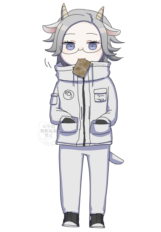 matsu shimatsuki, aotsuki eito, the hundred line -last defense academy-, 1boy, animal ears, black gloves, black shoes, breast pocket, glasses, gloves, goat boy, goat ears, goat horns, goat tail, grey hair, hands in pockets, horizontal pupils, horns, invisible floor, jacket, kemonomimi mode, looking at viewer, male focus, mouth hold, pants, pocket, purple eyes, shoes, short hair, simple background, sleeve pouch, solo, standing, twitter username, watermark, white background, white jacket, white pants