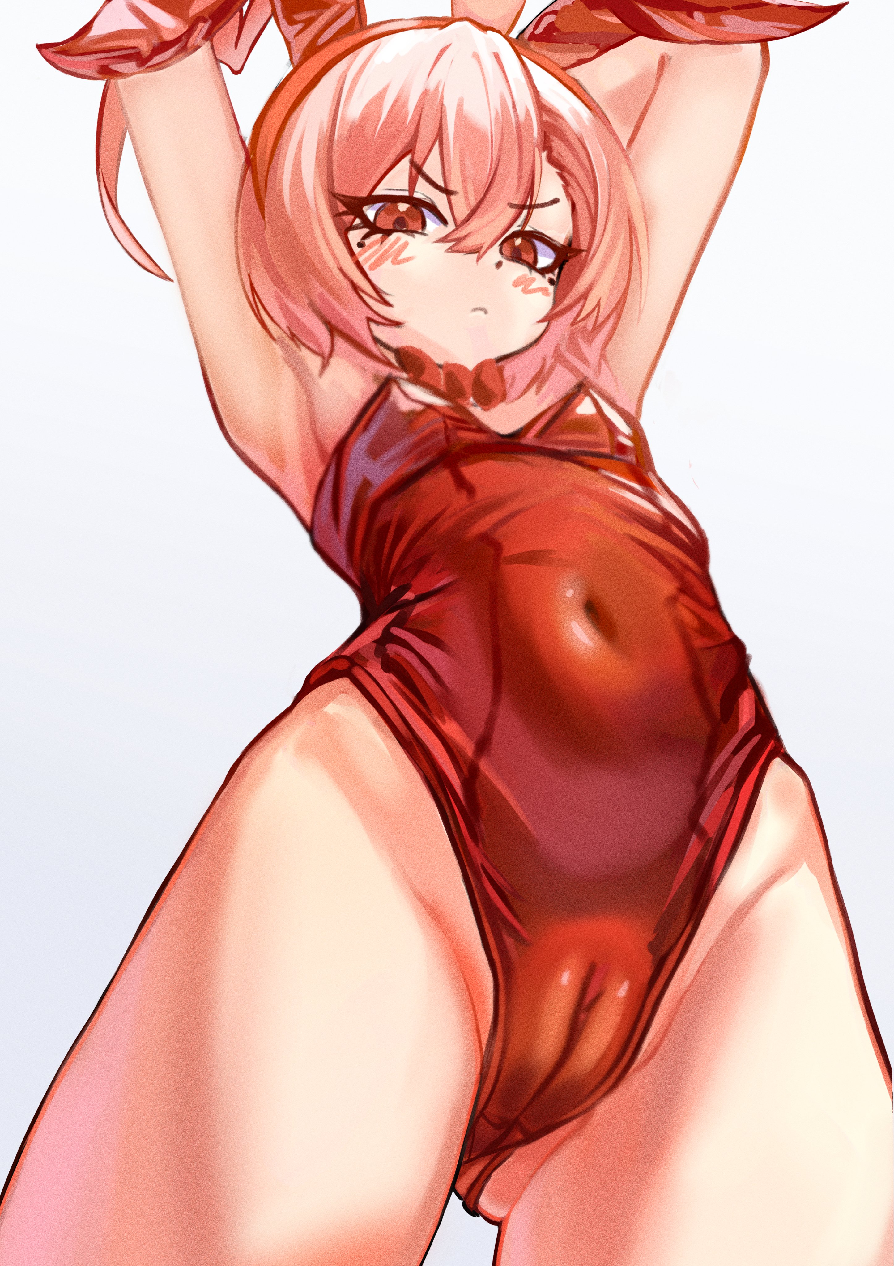 rutax xark, neru (blue archive), neru (bunny) (blue archive), blue archive, 1girl, ahoge, animal ear hairband, animal ears, armpits, arms up, blush, breasts, cameltoe, covered navel, fake animal ears, from below, gluteal fold, hair between eyes, hairband, highleg, highleg leotard, leotard, mole under each eye, mole under eye, multiple moles, orange hair, rabbit ear hairband, rabbit ears, red eyes, red hairband, red leotard, short hair, small breasts, solo, standing, white background