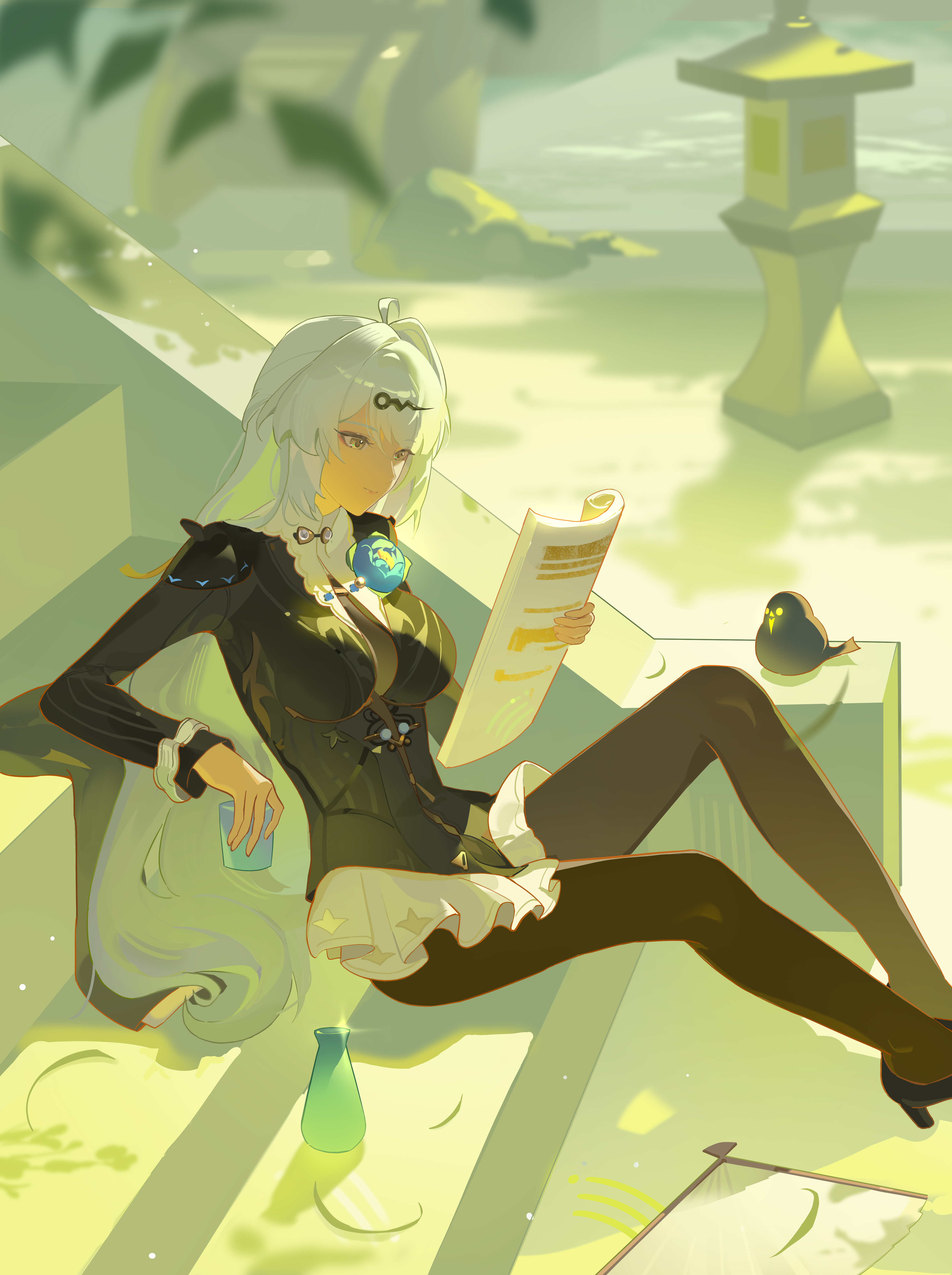 lingdu han, yixuan (trails of ink) (zenless zone zero), yixuan (zenless zone zero), zenless zone zero, absurdres, chinese commentary, commentary request, highres, 1girl, black dress, black pantyhose, blue eyes, blurry, breasts, closed mouth, cup, depth of field, dress, grey hair, holding, holding cup, holding newspaper, large breasts, long hair, newspaper, official alternate costume, outdoors, pantyhose, reading, sitting, sitting on stairs, solo, stairs