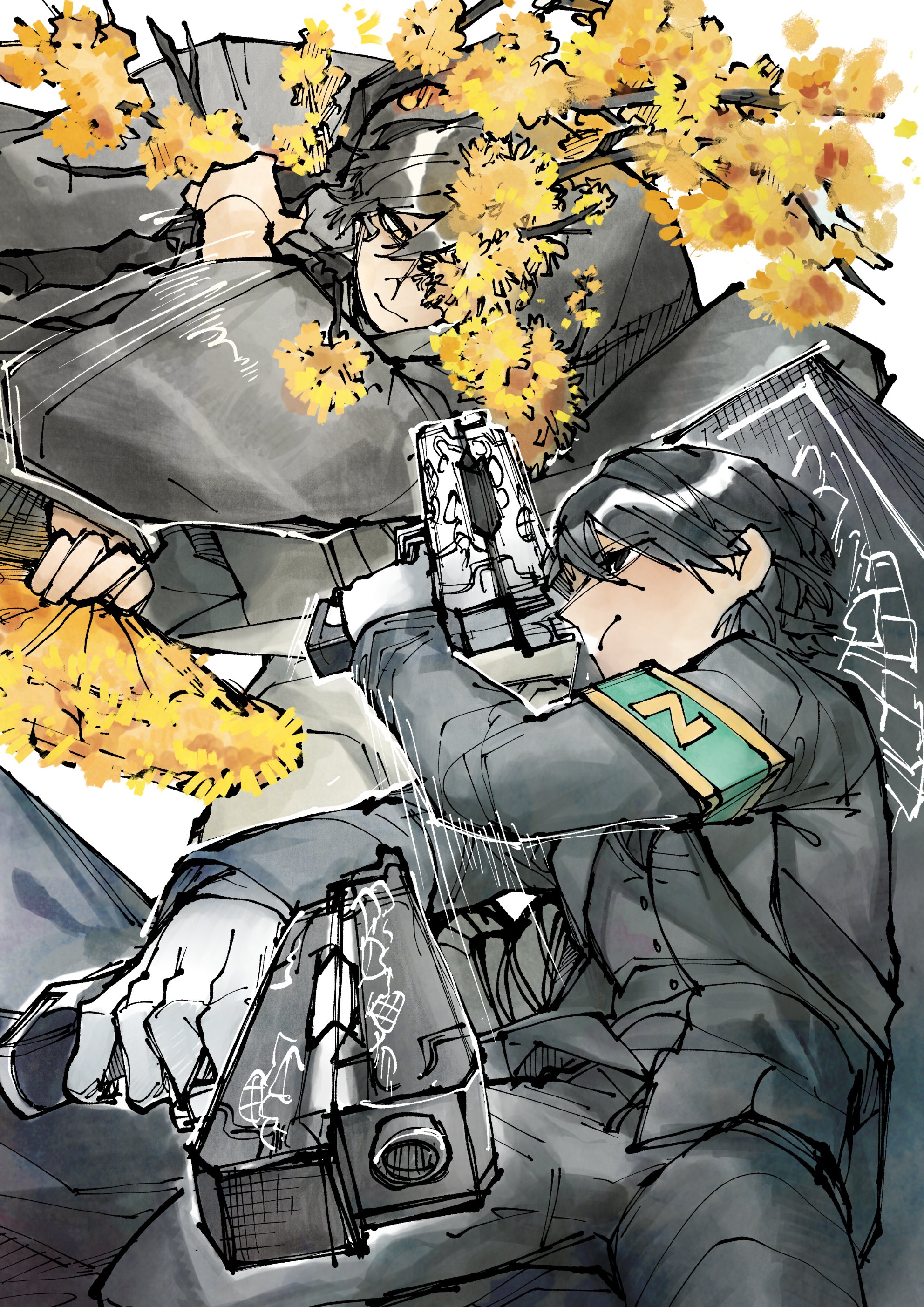 yi sang (project moon), limbus company, project moon, absurdres, highres, 2boys, animal print, armband, black coat, black hair, black vest, branch, bug, butterfly, coat, coffin, dual persona, dual wielding, e.g.o (project moon), fighting, flower, gloves, green armband, grey robe, growing out of body, gun, hand fan, handgun, holding, holding branch, holding fan, insect, landobristly, multiple boys, official alternate costume, one eye covered, robe, serious, short hair, solemn lament (e.g.o), spicebush (e.g.o), vest, weapon, white flower, white gloves