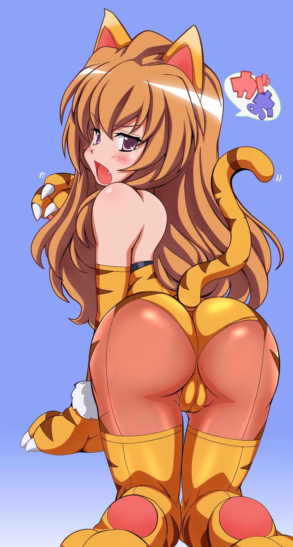aisaka taiga, toradora!, artist request, highres, 00s, 1girl, all fours, animal costume, animal ears, animal hands, animal print, ass, bare shoulders, blush, brown eyes, brown hair, cat ears, cat tail, claw pose, claws, costume, fang, female focus, leotard, looking back, open mouth, pantyhose, solo, tail, thighhighs, tiger, tiger costume, tiger print, trefoil