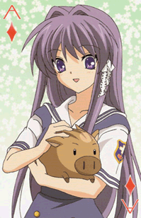 botan (clannad), fujibayashi kyou, clannad, animated, animated gif, lowres, 00s, 1girl, ace (playing card), ace of diamonds, card, card (medium), diamond (shape), eight of diamonds (playing card), female focus, jack (playing card), jack of diamonds, king (playing card), king of diamonds, long hair, playing card, purple eyes, purple hair, queen (playing card), queen of diamonds, school uniform, solo