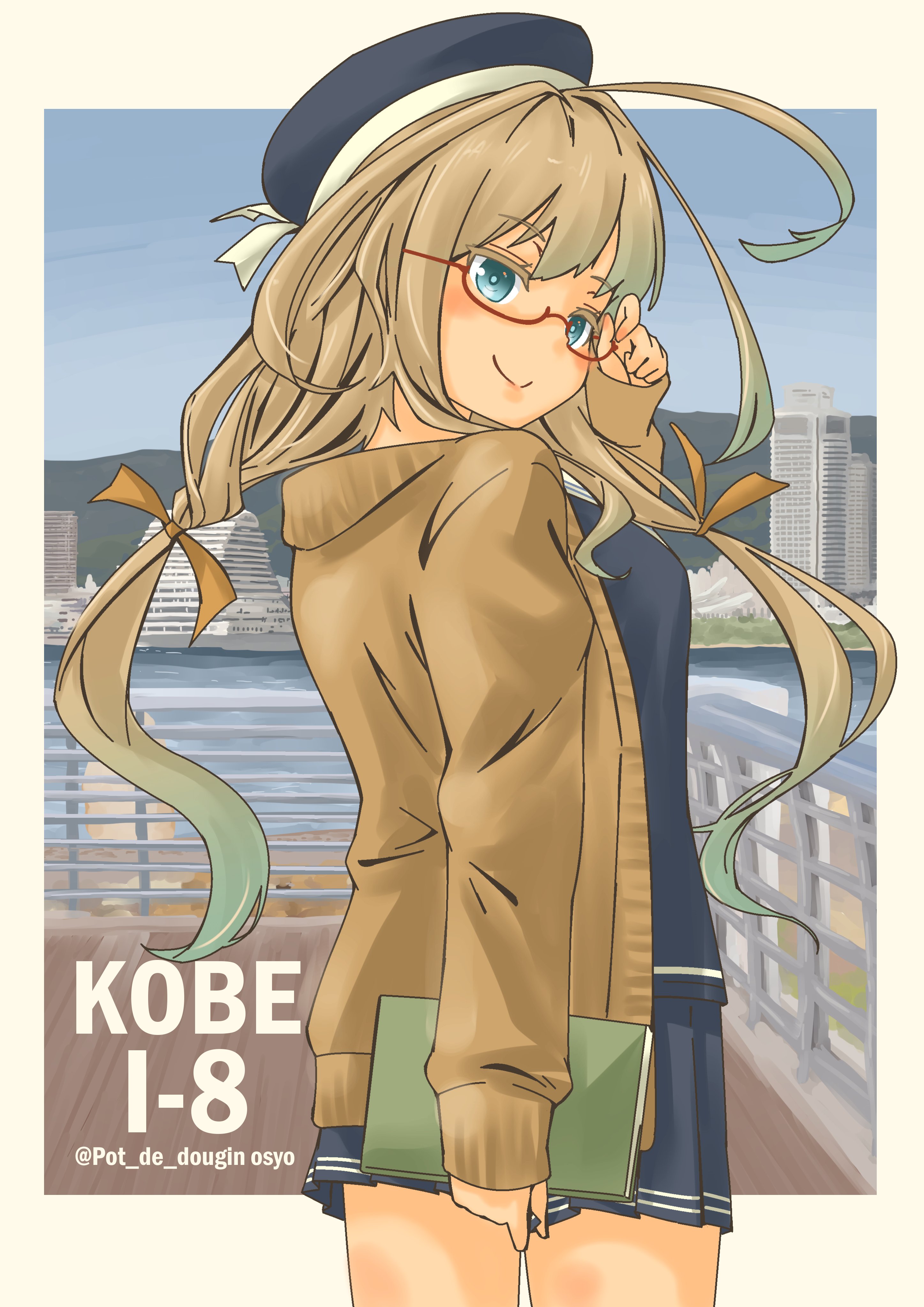 pot-de, i-8 (kancolle), kantai collection, absurdres, highres, 1girl, ahoge, back, blonde hair, book, breasts, brown jacket, building, city, day, glasses, hat, jacket, kobe, long hair, looking at viewer, looking to the side, ocean, one-piece swimsuit, port, red-framed eyewear, school uniform, swimsuit, twintails, water