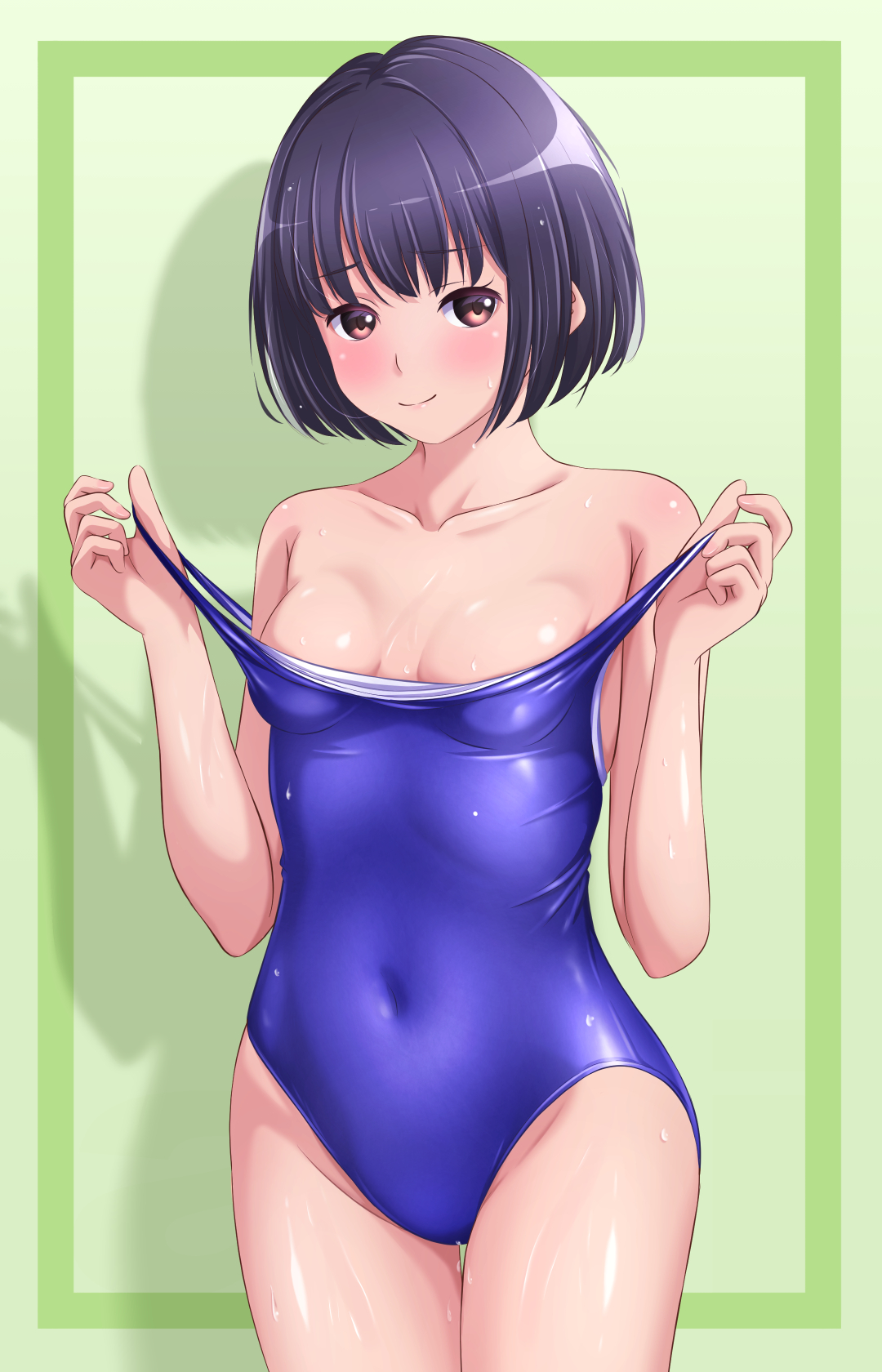 original, highres, 1girl, akippoi 0919, black hair, blue one-piece swimsuit, bob cut, breasts, brown eyes, clothes pull, collarbone, covered navel, cowboy shot, green background, looking at viewer, new school swimsuit, one-piece swimsuit, one-piece swimsuit pull, school swimsuit, short hair, small breasts, solo, swimsuit, thigh gap