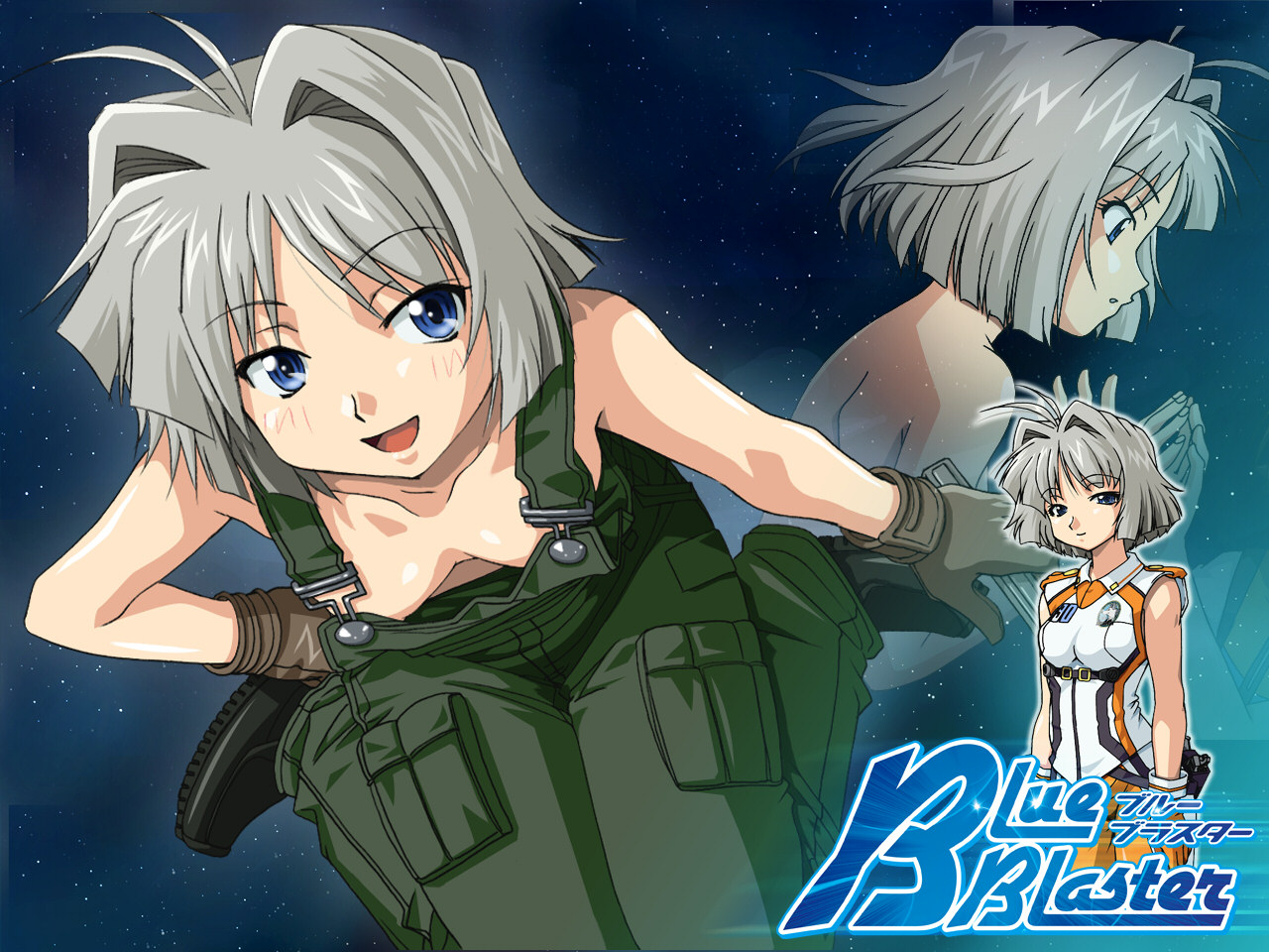 uon taraku, patricia mcginear, blue blaster, silver hair, uniform, 1girl, antenna hair, blue eyes, blush, breasts, downblouse, female focus, gloves, green overalls, hand on own hip, hip focus, naked overalls, nipples, no bra, overalls, short hair, sitting, small breasts, smile, solo, space