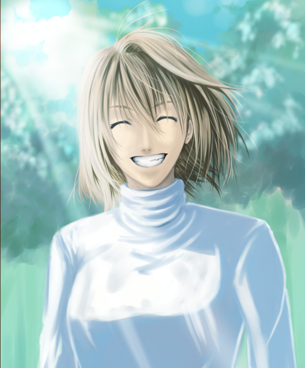 tehen, arcueid brunestud, tsukihime, bad id, bad pixiv id, 00s, blonde hair, grin, short hair, smile, solo, sweater, turtleneck