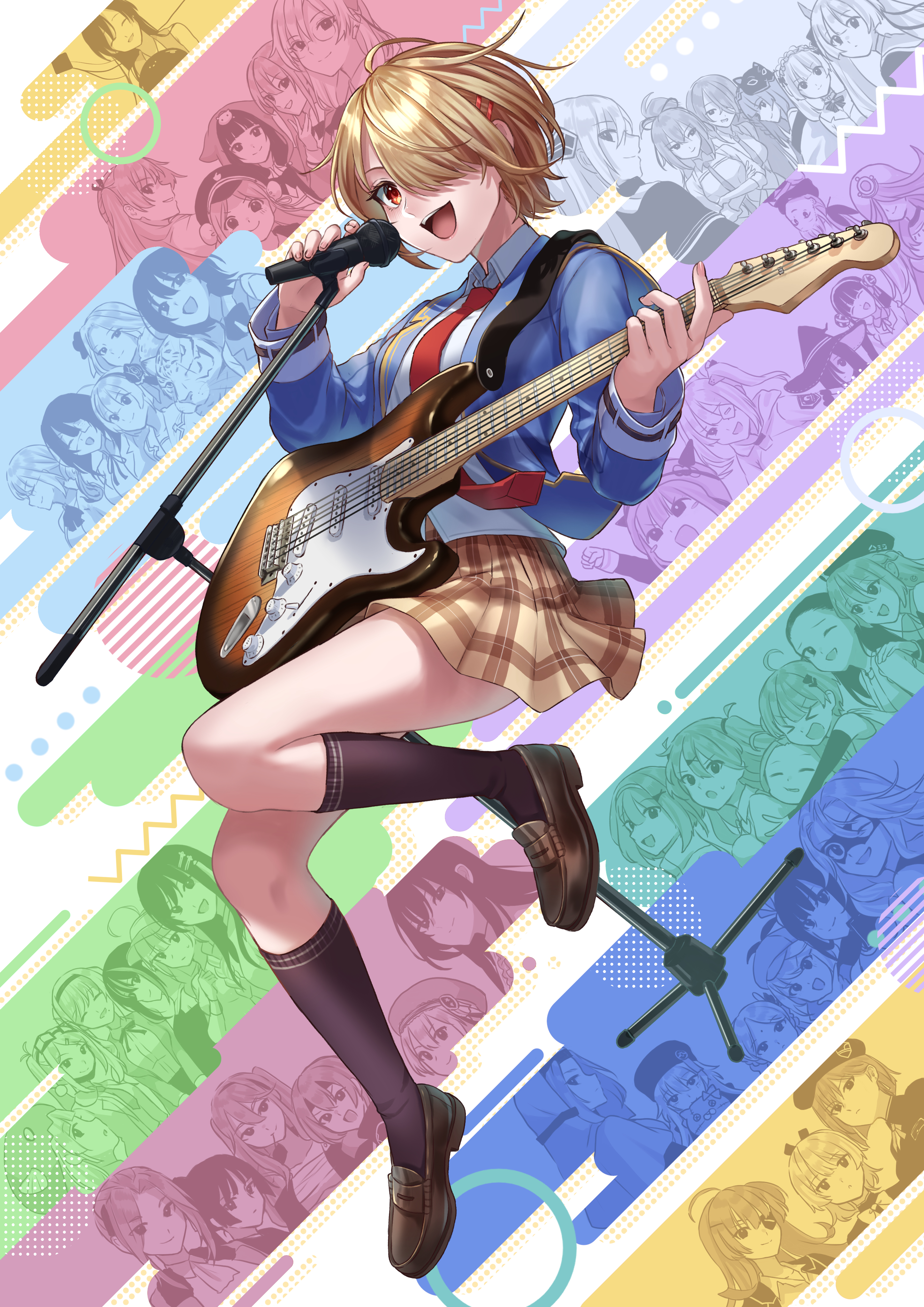 nil (pixiv 53614557), aikawa megumi, aoi erika, asakura karen (heaven burns red), asami makiko (heaven burns red), bungo yayoi, byakko (heaven burns red), carole reaper, charlotta skopovskaya, date akari, hanamura shiki, higuchi seika, hiiragi kozue, irene redmayne, ishii iroha, izumi yuki (heaven burns red), kanzaki adelheid, kayamori ruka, kiryuu miya, kunimi tama, kura satomi, kurozawa maki, li yingxia, maria de angelis, maruyama kanata, matsuoka chiroru, mikoto fubuki, minase ichigo, minase sumomo, mizuhara aina, murohushi risa, nanase nanami (heaven burns red), natsume inori, nikaidou misato, ogasawara hisame, ooshima ichiko, ooshima isuzu, ooshima minori, ooshima muua, ooshima niina, ooshima yotsuha, sakuraba seira, satsuki mari, shirakawa yuina, tenne miko, tezuka saki, toujou tsukasa, tsukishiro mona, vritika balakrishnan, yamawaki bon ivar, yanagi mion, heaven burns red, absurdres, highres, 6+girls, :d, bass guitar, black socks, blazer, blonde hair, blue jacket, breasts, brown skirt, collared shirt, electric guitar, glasses, guitar, hair ornament, hair over one eye, hairclip, hat, holding, holding instrument, holding microphone, holding plectrum, instrument, jacket, jumping, kayamori hinata, kneehighs, loafers, long hair, long sleeves, looking at viewer, microphone, microphone stand, miniskirt, multiple girls, music, narby (heaven burns red), necktie, one eye closed, one eye covered, open clothes, open jacket, open mouth, plaid clothes, plaid skirt, playing instrument, pleated skirt, plectrum, red eyes, red necktie, school uniform, shirt, shoes, short hair, sidelocks, singing, skirt, smile, socks, solo, sugawara chie, white shirt
