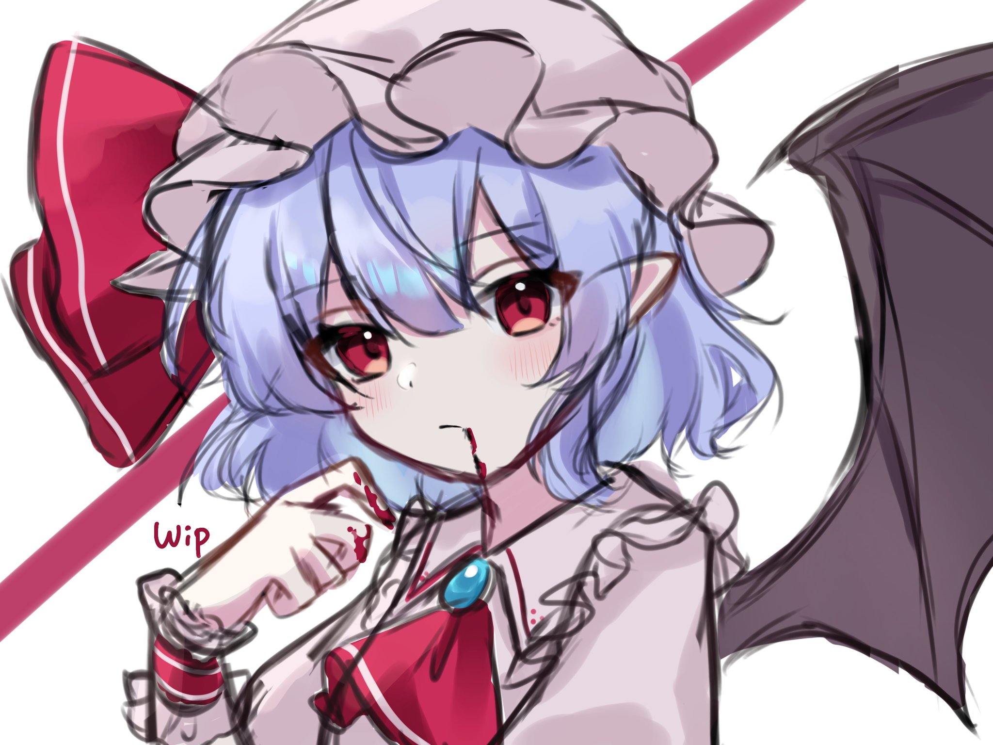 yogiri miri, remilia scarlet, touhou, highres, unfinished, 1girl, bat wings, black wings, blood, blue hair, bow, brooch, dress, fang, frilled dress, frills, hat, jewelry, large bow, long sleeves, mob cap, red bow, red eyes, shirt, short hair, solo, vampire, white shirt, wings