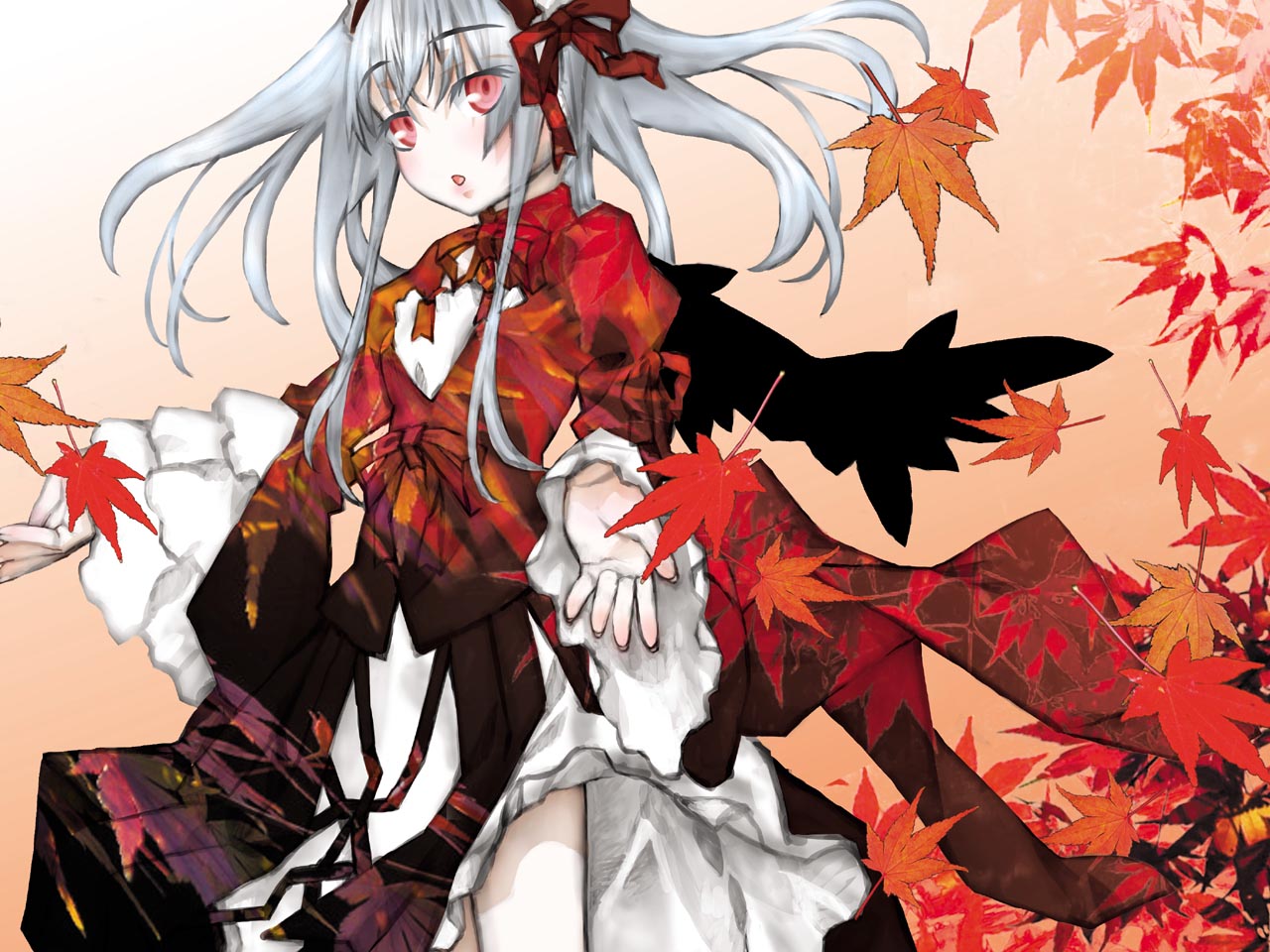 kakashichi, suigintou, rozen maiden, silver hair, 00s, autumn, leaf, long hair, red eyes, solo, wings