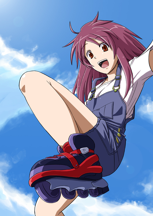 naegino sora, kaleido star, 00s, 1girl, cloud, day, female focus, inline skates, long hair, overall shorts, overalls, purple hair, red eyes, roller skates, shirt, skates, sky, smile, solo, t-shirt