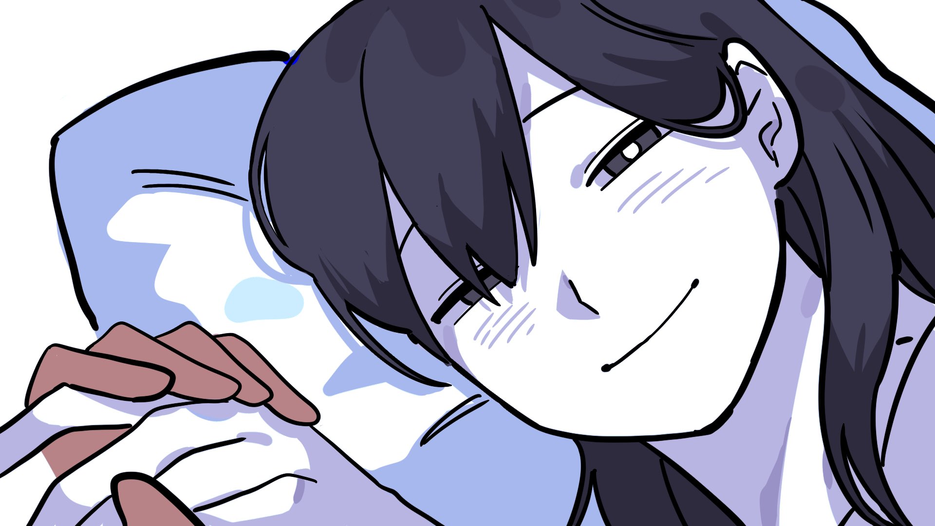hero (faraway) (omori), hero (omori), mari (omori), mari (spirit) (omori), omori, hashtag-only commentary, highres, 1boy, 1girl, 2g7oo, black eyes, black hair, bright pupils, colored skin, dark-skinned male, dark skin, double-parted bangs, hair behind ear, hair between eyes, half-closed eyes, head on pillow, holding hands, long hair, looking at another, looking at viewer, pillow, portrait, shirt, simple background, solo focus, white background, white pupils, white shirt, white skin
